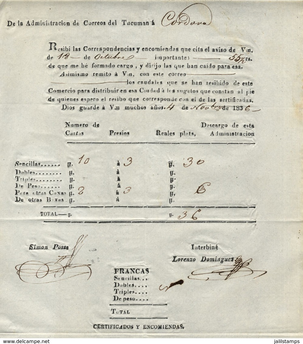 317 ARGENTINA: Mail Guide (Guía De Correspondencia) Sent From Tucumán To Córdoba On 4/NO/1836, Excellent Quality! - Autres & Non Classés