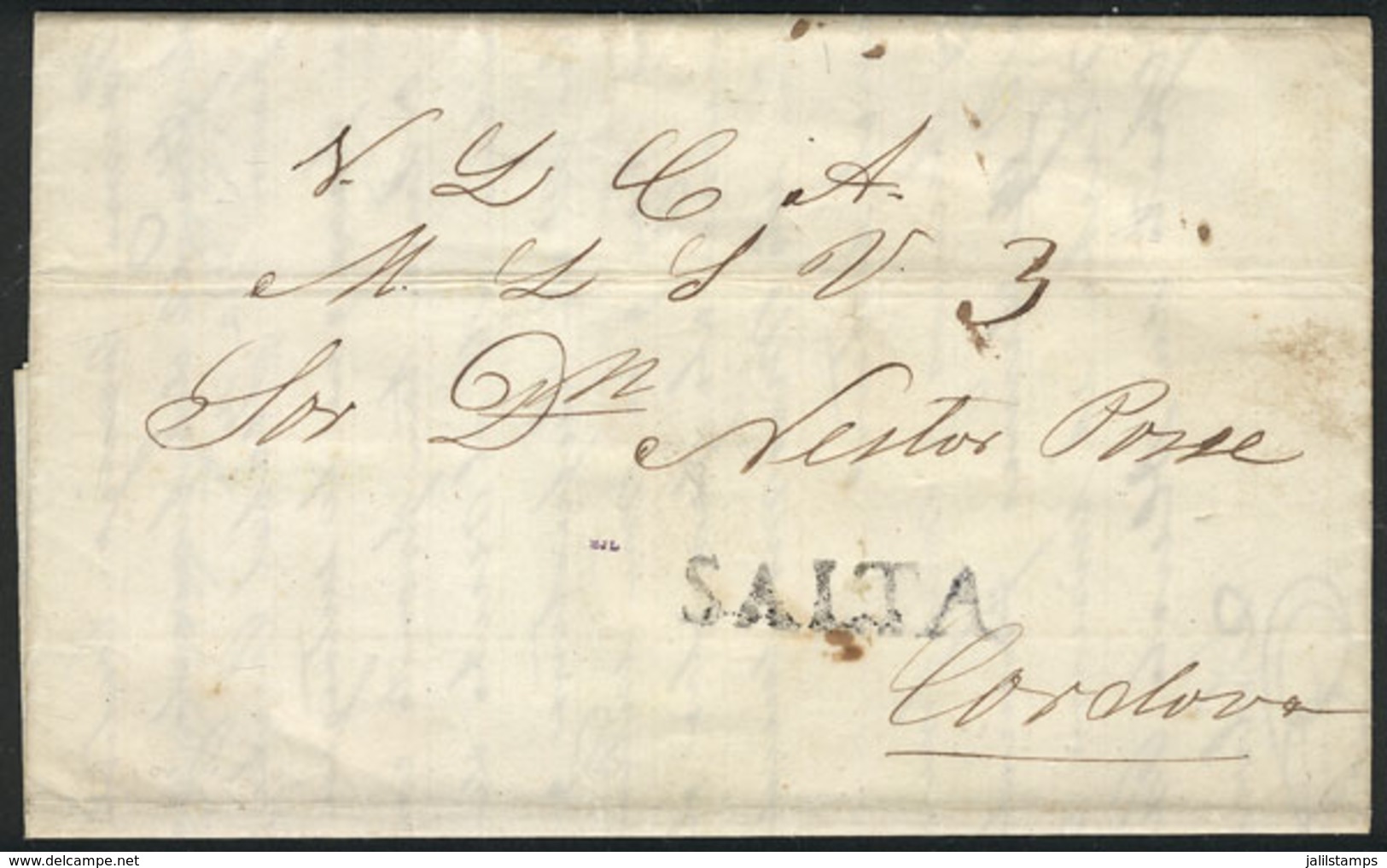 318 ARGENTINA: "Entire Letter Sent To Córdoba On 10/SE/1850, With Straightline SALTA Mark In Black And Manuscript ""3""  - Autres & Non Classés
