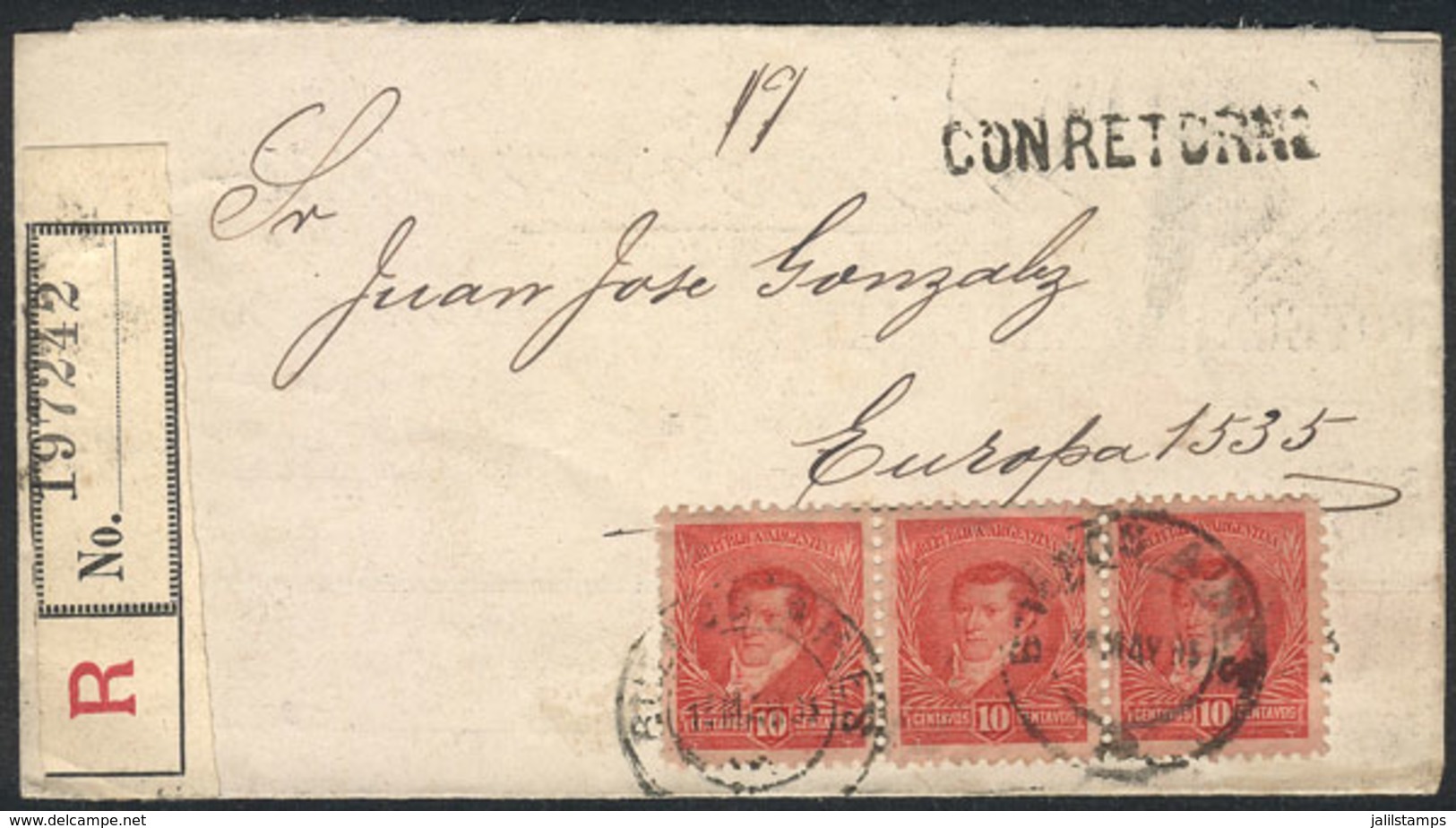 339 ARGENTINA: Entire Letter Used In Buenos Aires On 12/MAY/1893 By Registered Mail 'con Retorno', Franked With 30c. (GJ - Autres & Non Classés