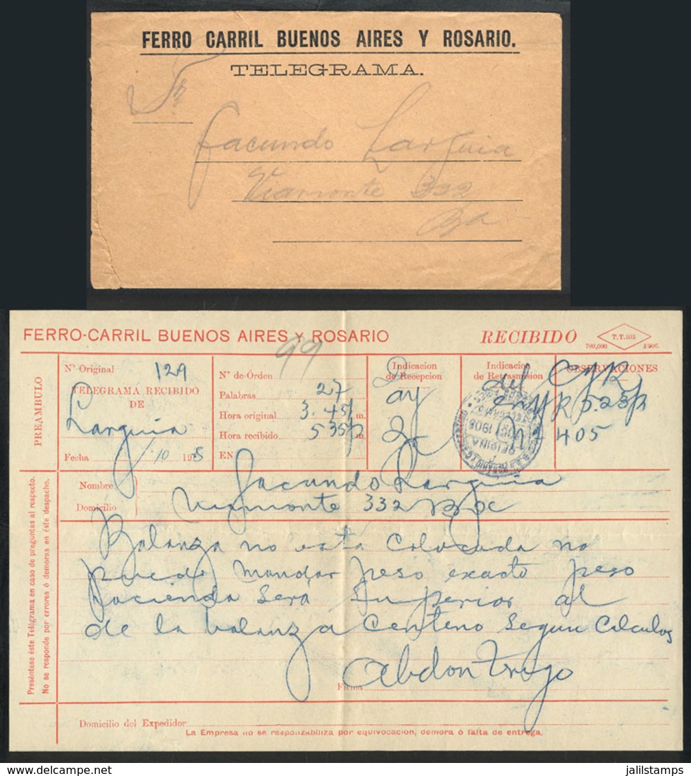 356 ARGENTINA: Telegram Sent From Estación Larguía To Buenos Aires On 8/OC/1908, Including The Envelope In Which It Was  - Autres & Non Classés