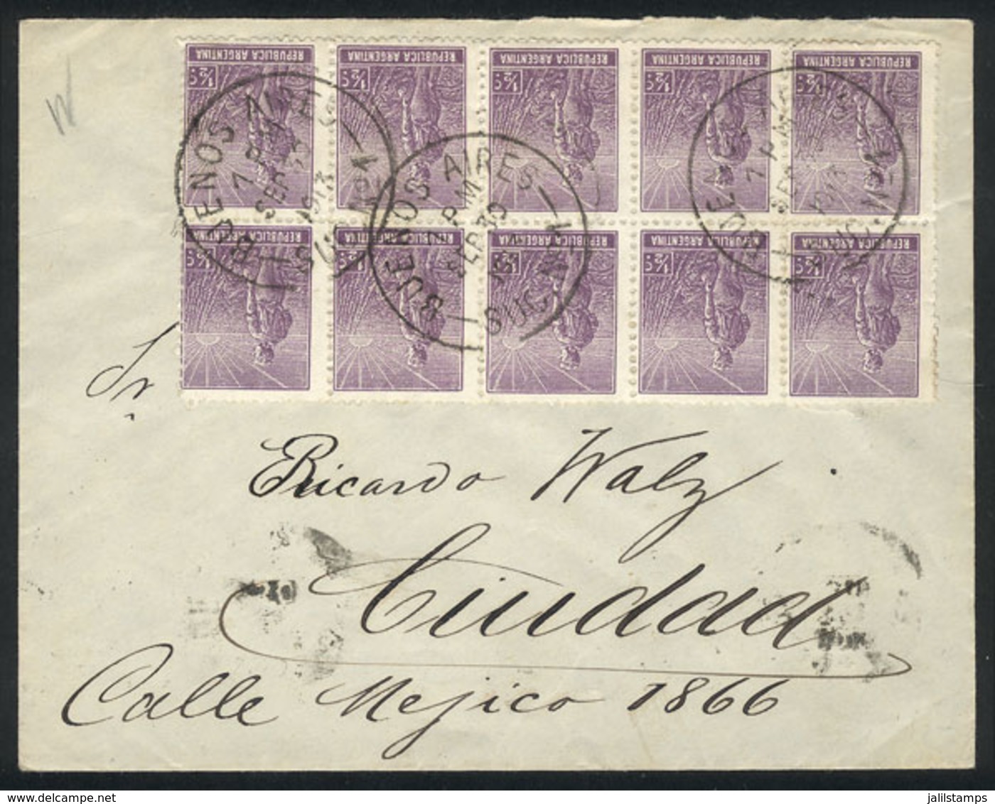 361 ARGENTINA: Cover Franked With Block Of 10 Of ½c. Plowman On German Paper, Used In Buenos Aires On 30/SE/1913, VF And - Other & Unclassified