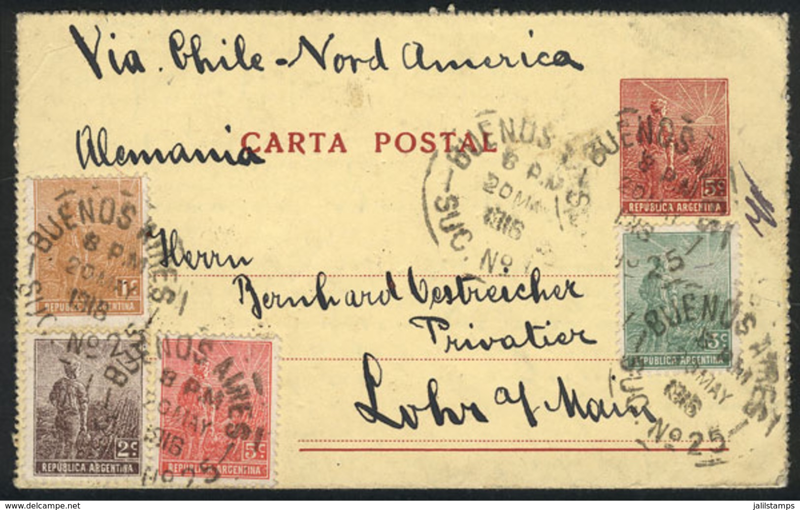 362 ARGENTINA: 5c. Plowman Lettercard With Multicolor Additional Postage (total 16c.), Sent From Buenos Aires To Germany - Other & Unclassified