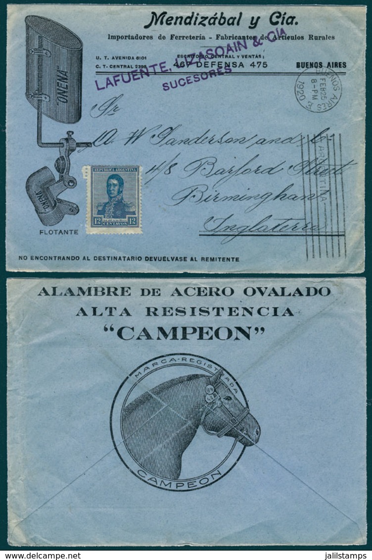 363 ARGENTINA: "Cover With Nice Advertising Head (""Onena Toilet Cisterns, Campeón Wire""), Franked By GJ.471 And Sent F - Other & Unclassified