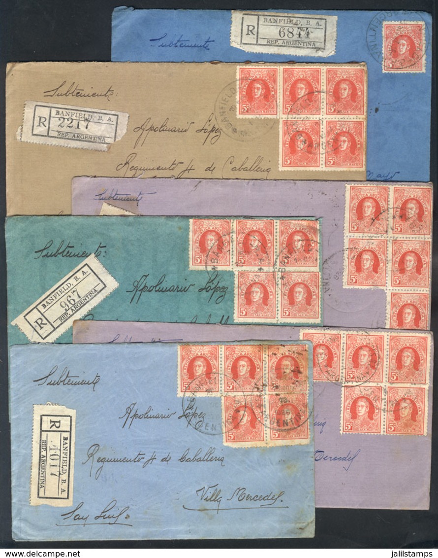 366 ARGENTINA: 6 Registered Covers Sent From BANFIELD To Villa Mercedes Between 1926 And 1927 With Attractive Postages O - Other & Unclassified