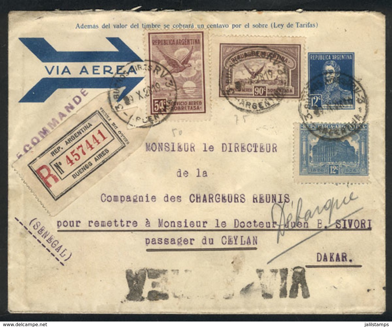 369 ARGENTINA: "Flight To Reach Steamer ""Ceylan"" In Senegal, 12c. Airmail Stationery Envelope + Additional Postage, Po - Other & Unclassified