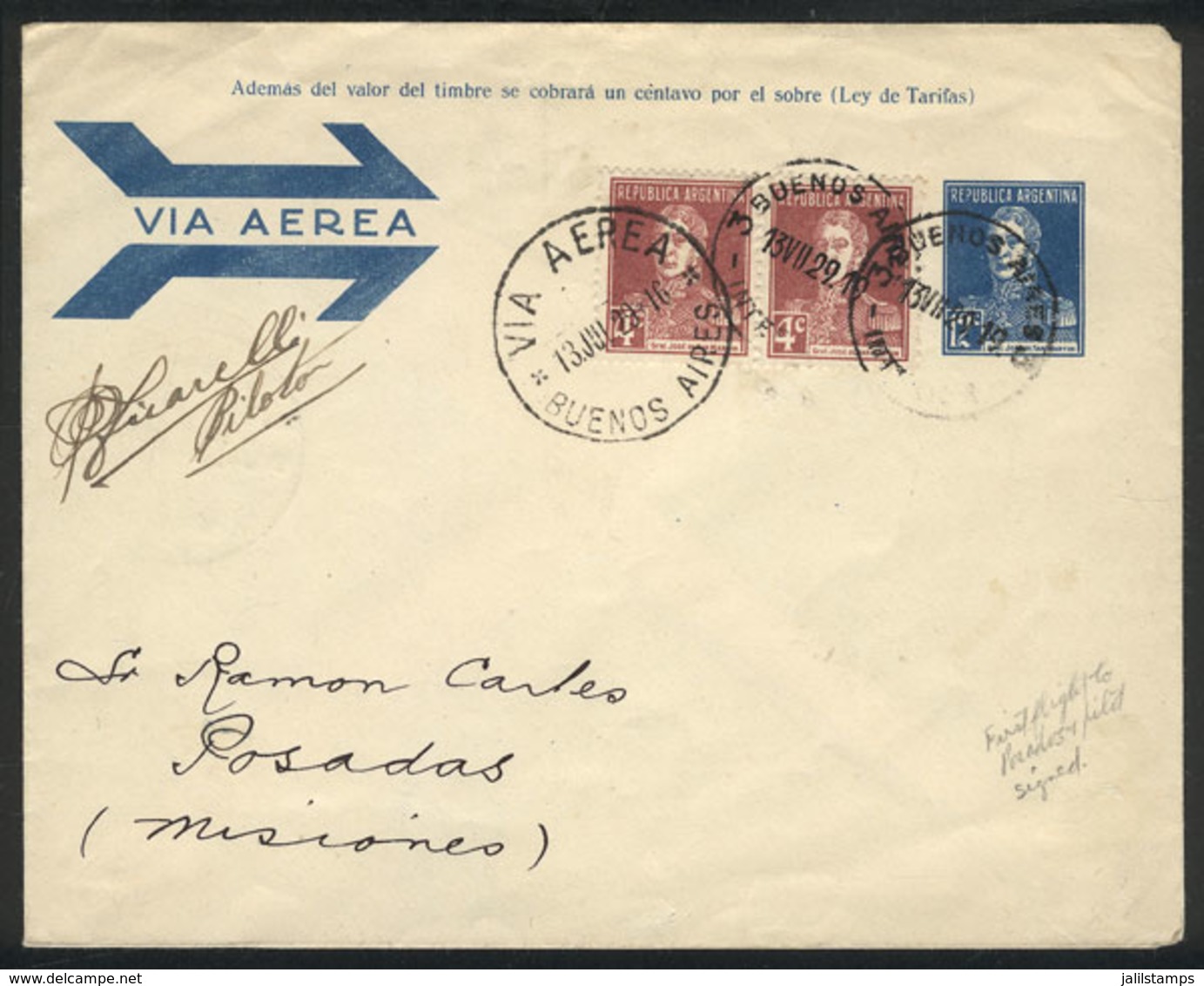 370 ARGENTINA: 13/JUL/1929 FIRST FLIGHT Buenos Aires - Posadas By Aeroposta Argentina, Cover Signed By The Pilot Pedro F - Other & Unclassified