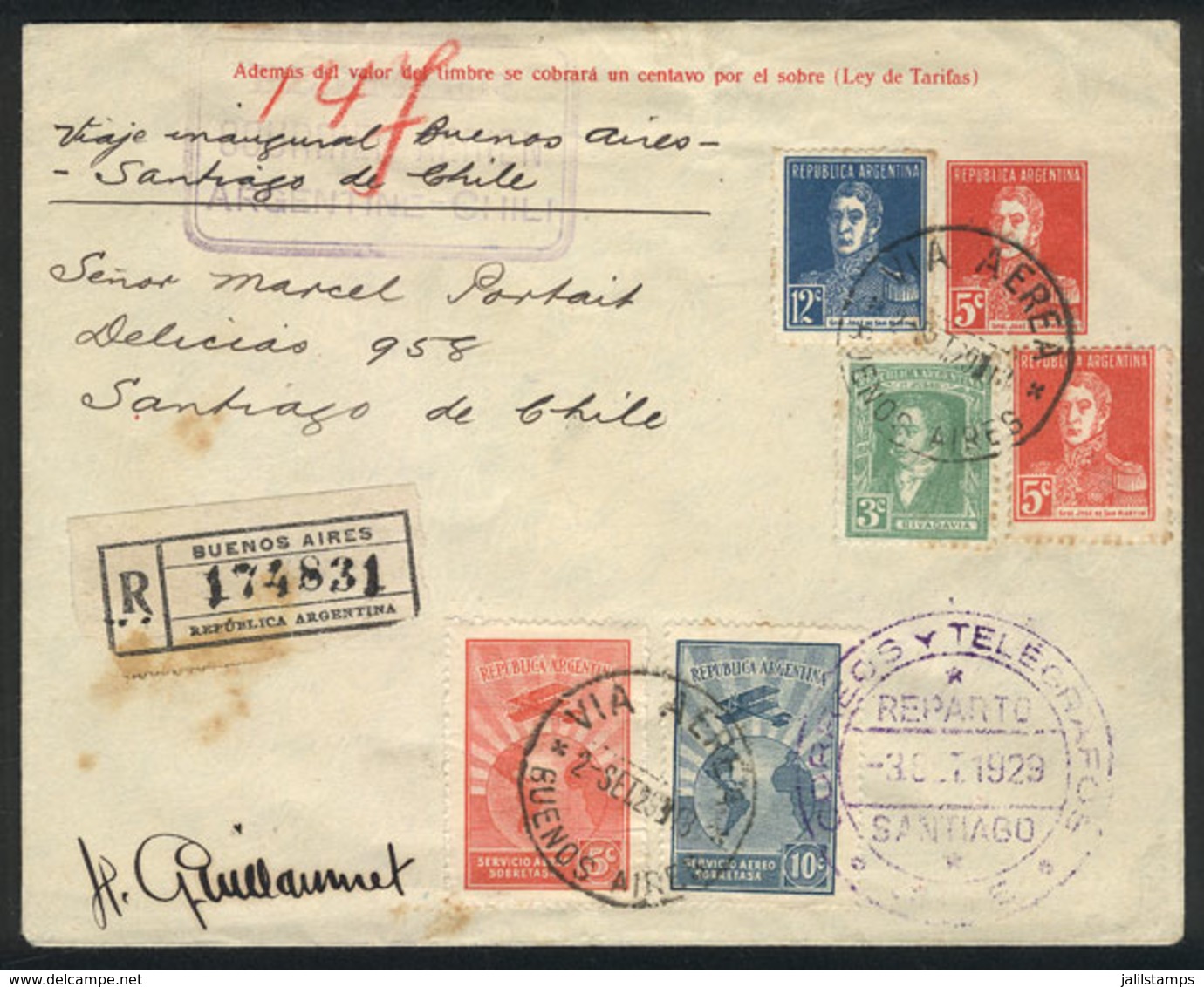 371 ARGENTINA: 2/SE/1929 FIRST FLIGHT Buenos Aires - Santiago De Chile By Cie. Grale. Aeropostale, Very Handstamp Postag - Other & Unclassified