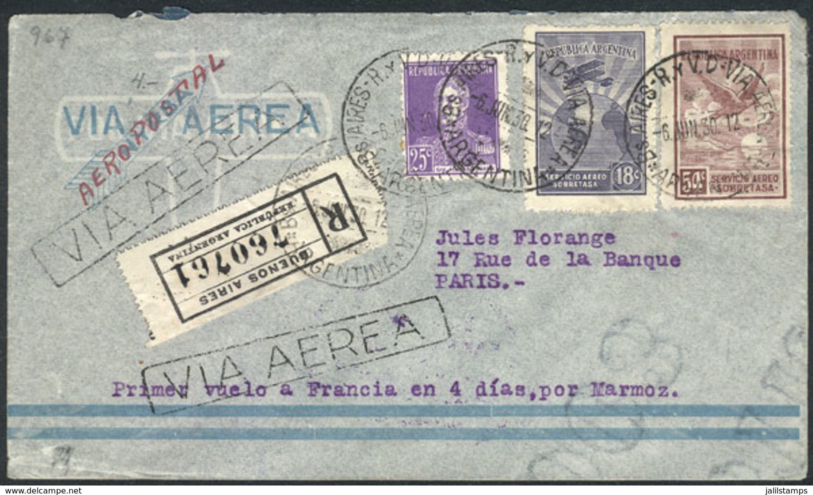 374 ARGENTINA: Cover Franked With 97c. Sent To France Of 6/JUN/1930 On The FIRST FLIGHT Of The Aeropostale (pilot Jean M - Autres & Non Classés