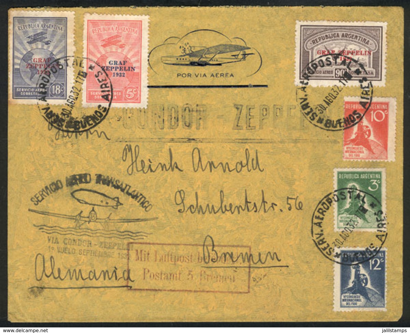 376 ARGENTINA: 30/AU/1932 Buenos Aires - Germany: Cover Flown By Zeppelin With Very Nice Postage, Arrival Backstamp Of F - Other & Unclassified