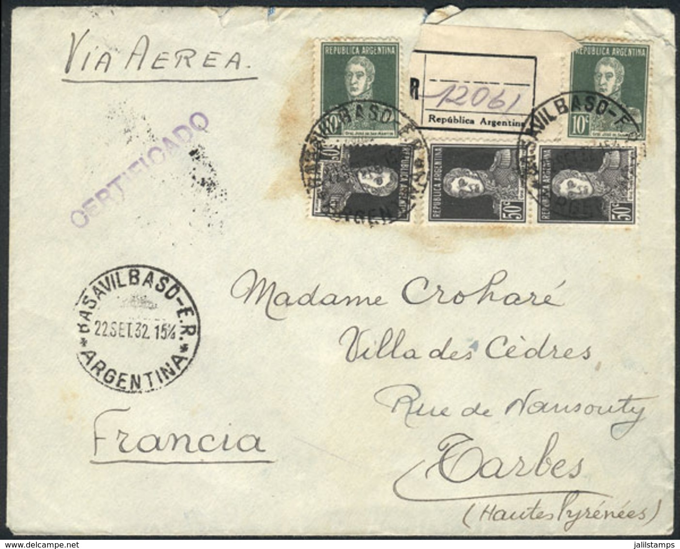 377 ARGENTINA: Airmail Registered Cover Franked By GJ.600 X2 + 606 X3 (total $1.70), Sent From Basavilbaso To France On  - Other & Unclassified