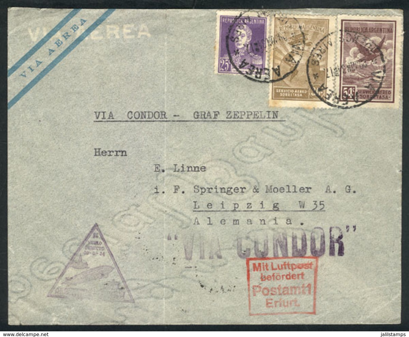 382 ARGENTINA: 29/JUN/1934 Buenos Aires - Germany: Cover Flown By Zeppelin Franked With 1.15P., Arrival Friedrichshafen  - Autres & Non Classés