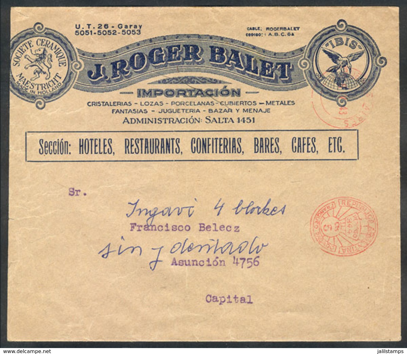 385 ARGENTINA: Envelope With Fancy Advertising Of Wholesale Store J. Roger Balet, Used In Buenos Aires On 9/AP/1943 With - Autres & Non Classés