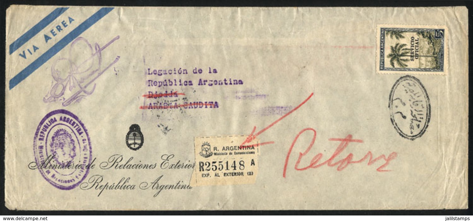 387 ARGENTINA: Airmail Cover Posted By The Ministry Of Foreign Affairs To SAUDI ARABIA In MAR/1951 And Returned To Sende - Autres & Non Classés