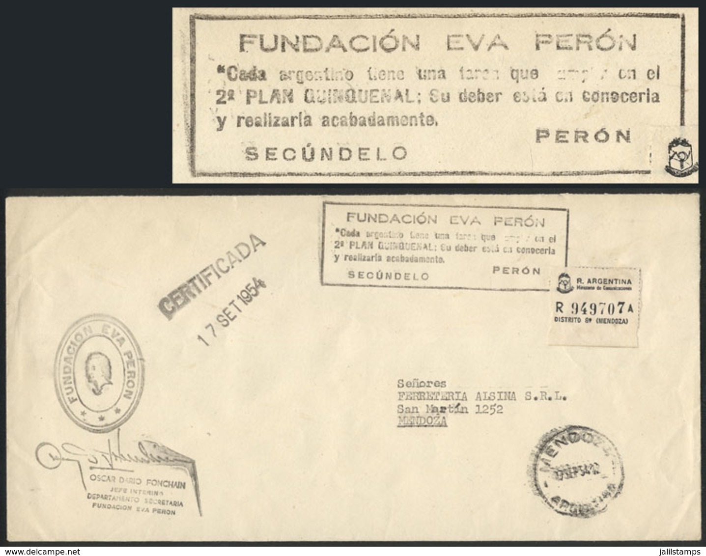 388 ARGENTINA: "Registered Cover Used In Mendoza On 17/SE/1954 With Postal Franchise Of The EVA PERÓN FOUNDATION, With R - Autres & Non Classés