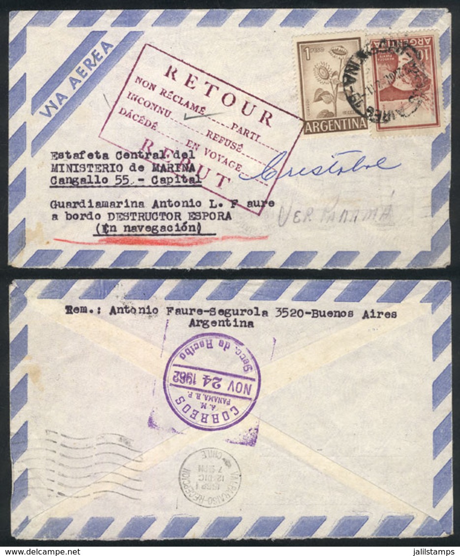 391 ARGENTINA: "Airmail Cover Sent To A Sailor ""aboard Destroyer Espora, At Sea"", Routed Via Cristóbal, Panamá (arriva - Autres & Non Classés