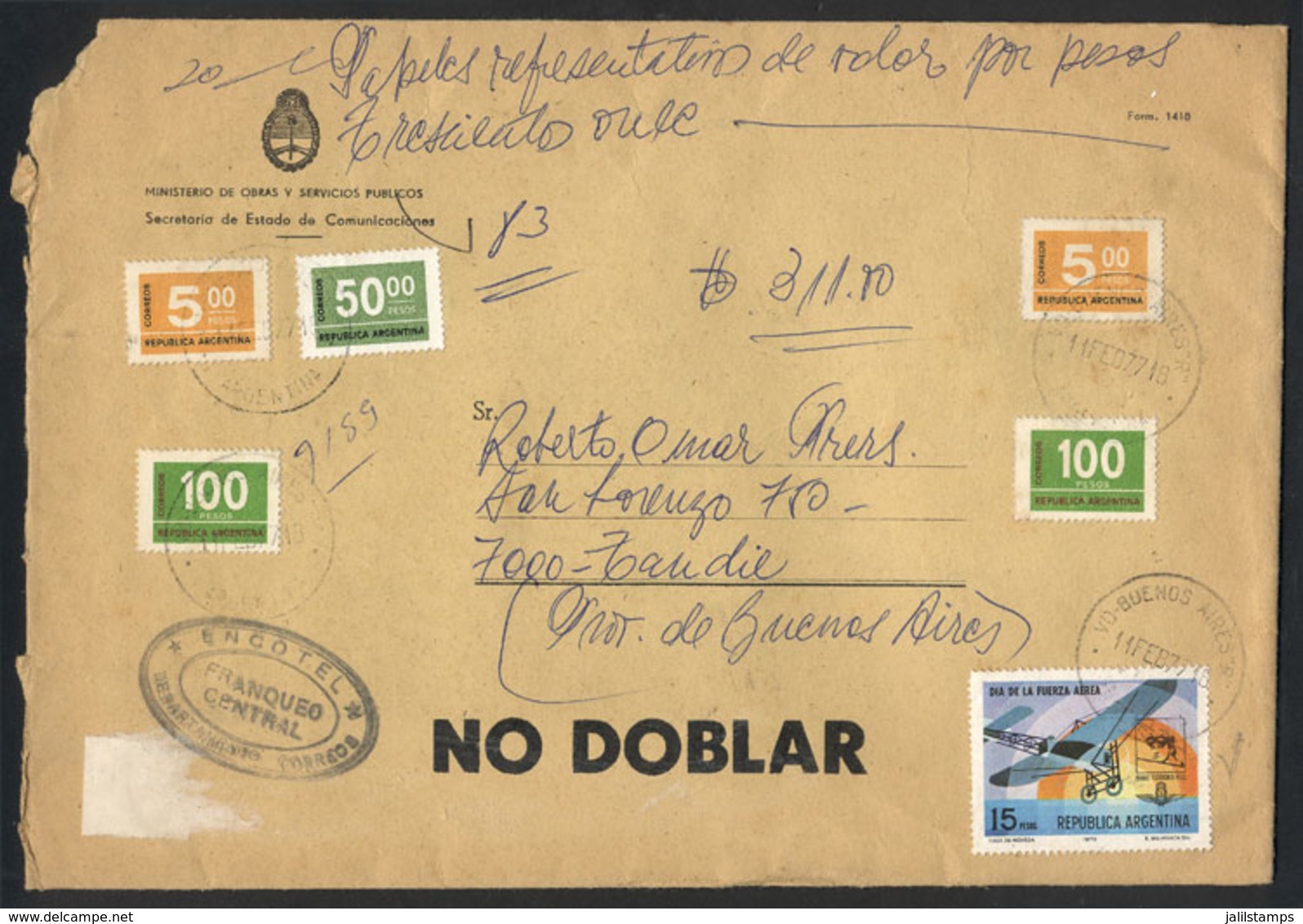 394 ARGENTINA: Registered Cover With Declared Value Sent From Buenos Aires To Tandil On 11/FE/1977, Franked With 275P.,  - Autres & Non Classés