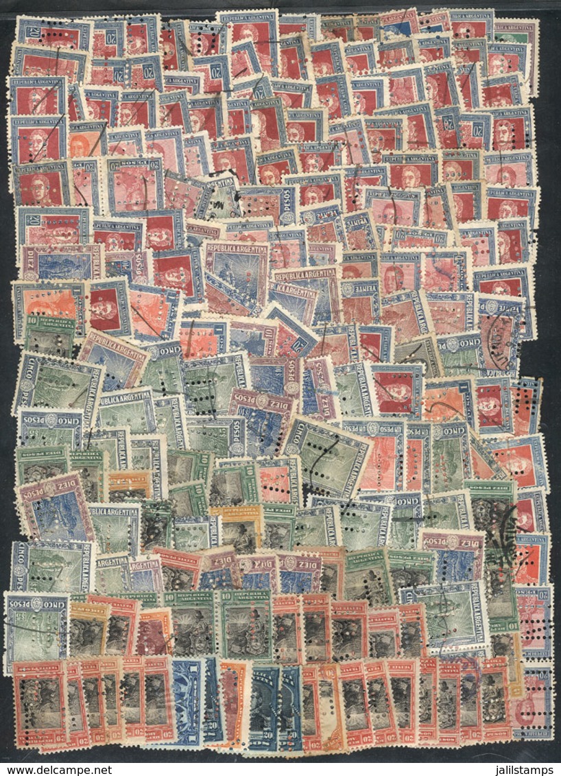 403 ARGENTINA: PERFORATED CANCELS: Lot Of Large Number Of Old Stamps (high Values) With Bulk Mailing Perforated Cancels, - Collections, Lots & Series