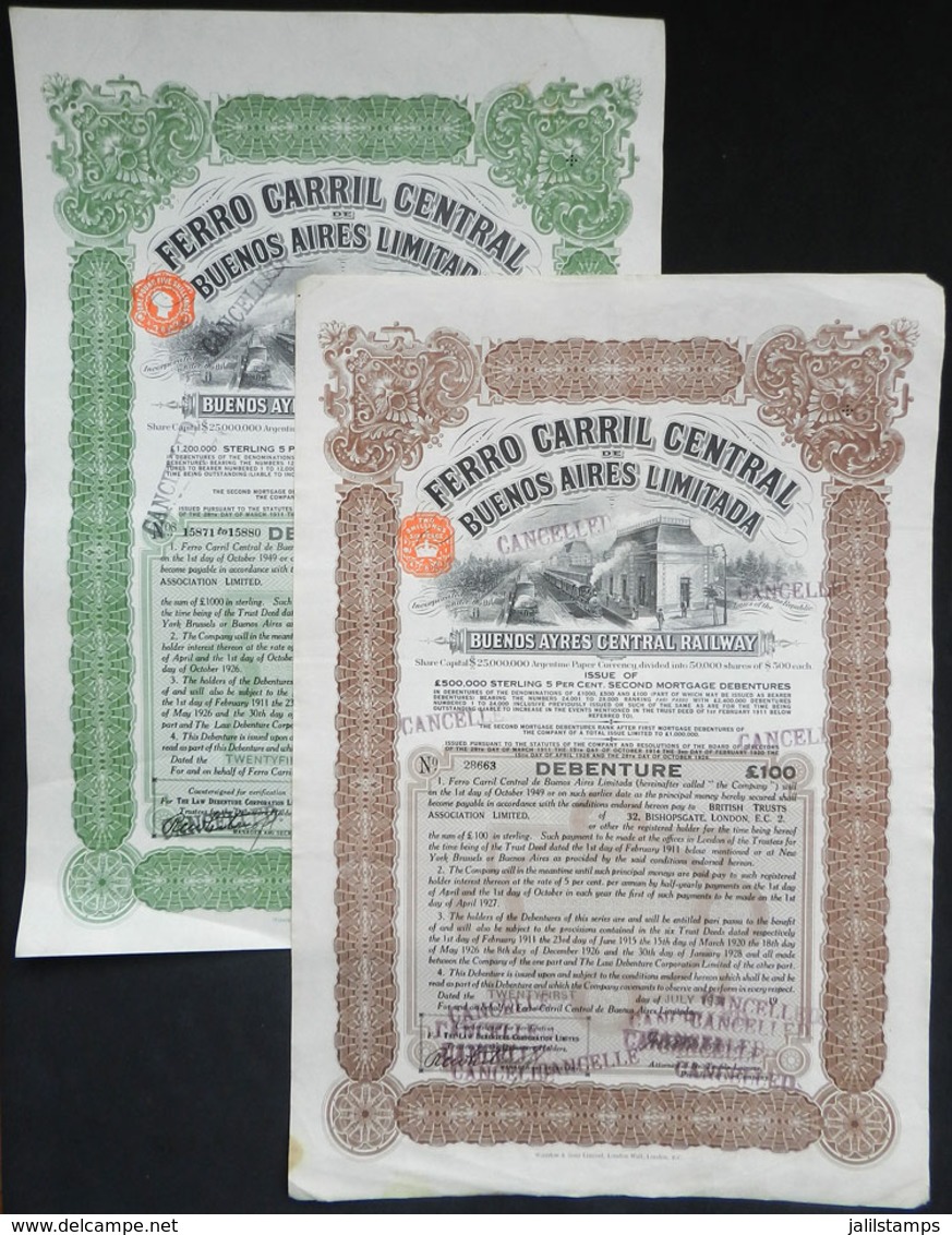 418 ARGENTINA: "2 Bond Certificates (debenture) Of ""Ferrocarril Central De Buenos Aires Limitada"" For £100 And £1,000, - Other & Unclassified