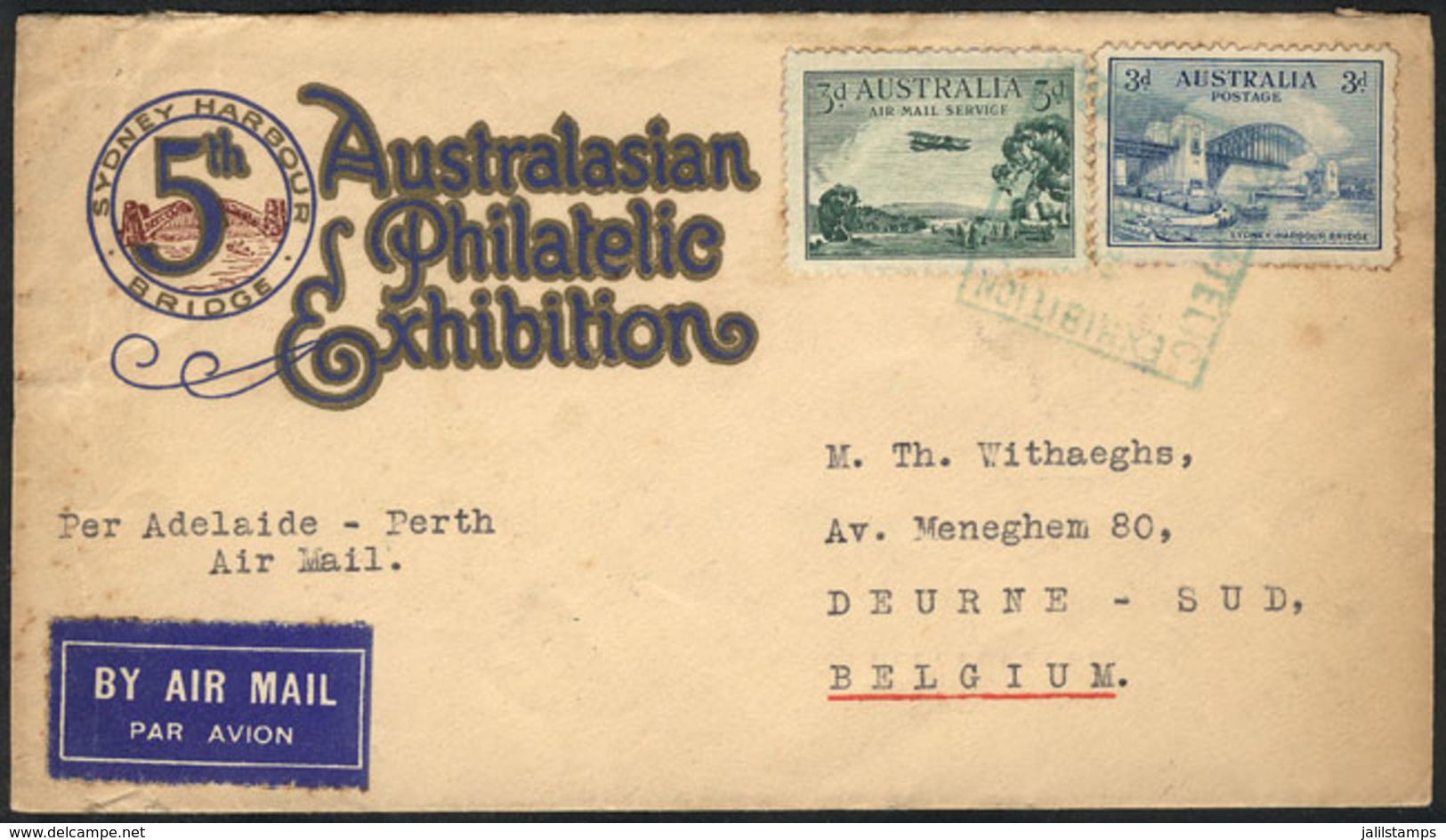 425 AUSTRALIA: "Cover Franked With 6p., Sent In April 1932 Via ""ADELAIDE - PERTH"" Airmail To Belgium, With Deurne Arri - Autres & Non Classés