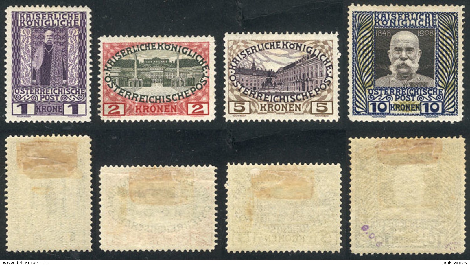 430 AUSTRIA: Sc.124/127, 1908/16 1K. To 10K, The 4 High Values Of The Set, Mint Lightly Hinged, With One Small Defect On - Sonstige & Ohne Zuordnung