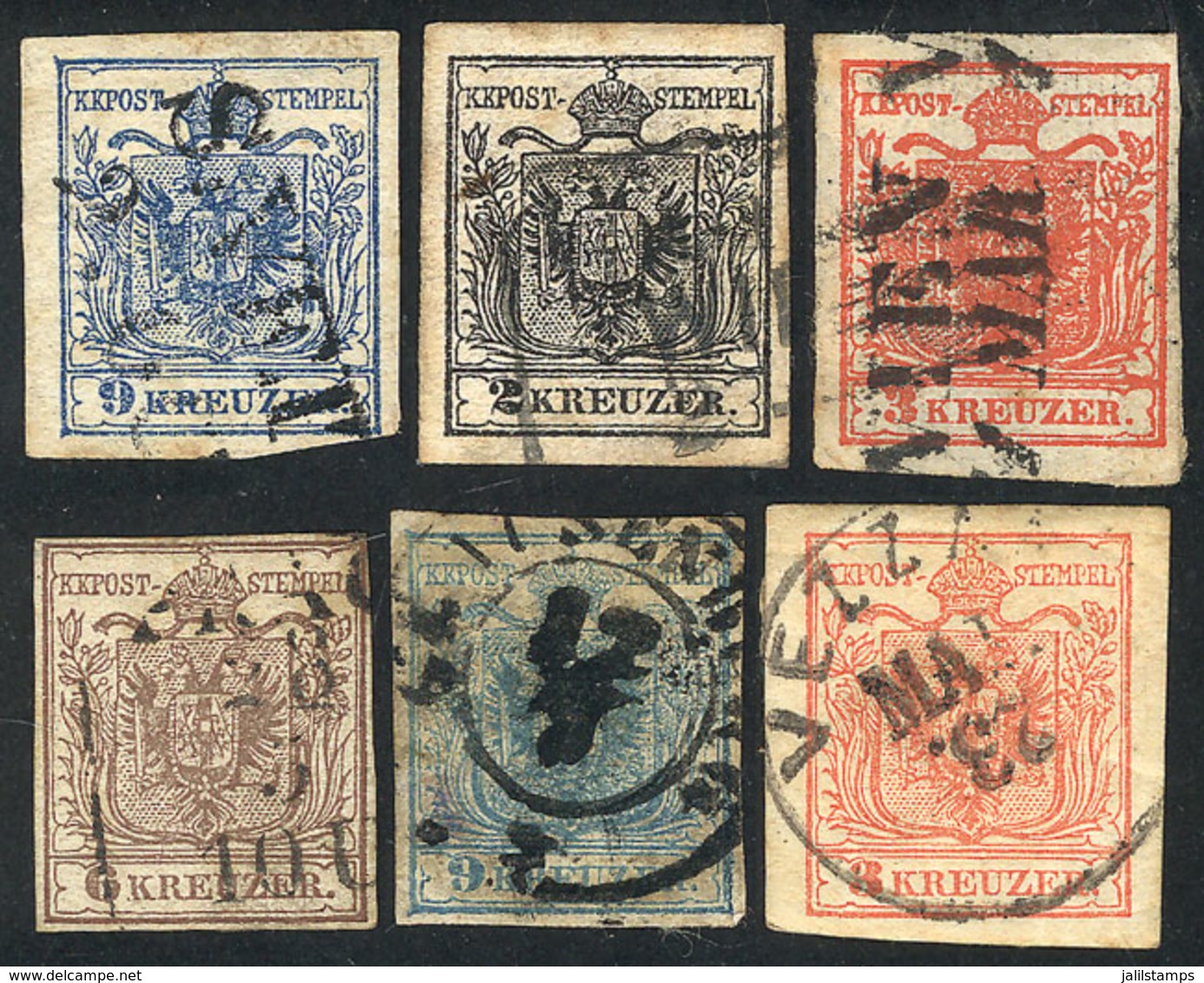 433 AUSTRIA: 6 Interesting Classic Stamps, Including Good Cancels, One On Thick Paper, Ribbed Paper, Etc., Very Good Lot - Other & Unclassified