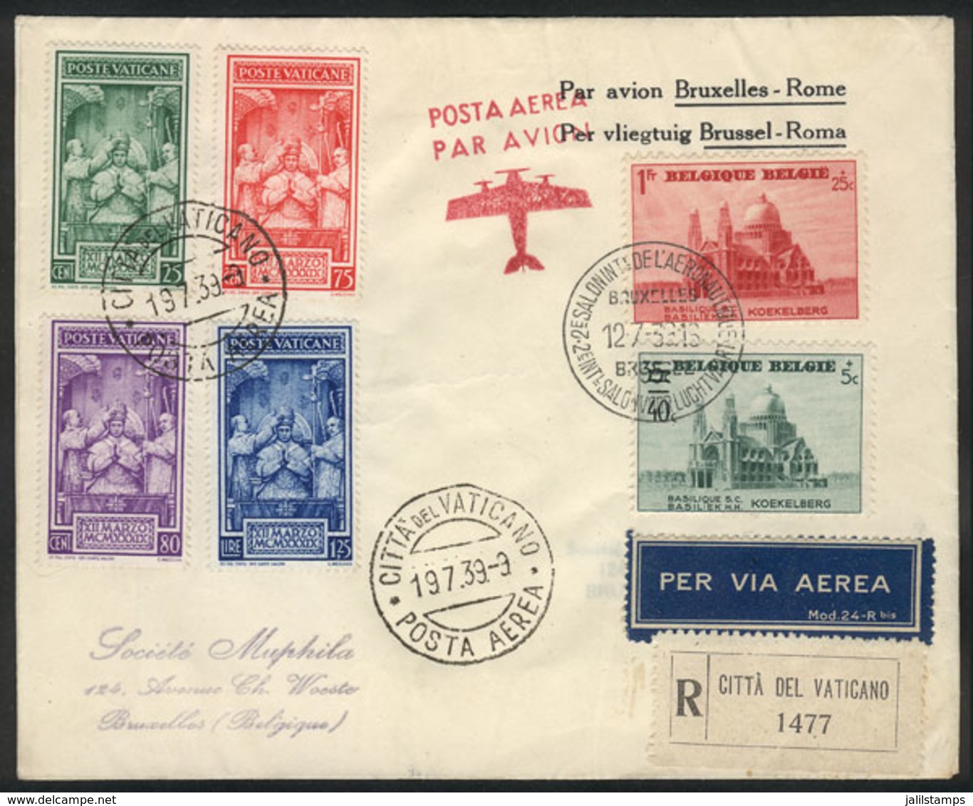 441 BELGIUM: 12/JUL/1939 Bruxelles - Roma Flight, Cover With Vatican Postage And Forwarded To Bruxelles, VF Quality! - Andere & Zonder Classificatie