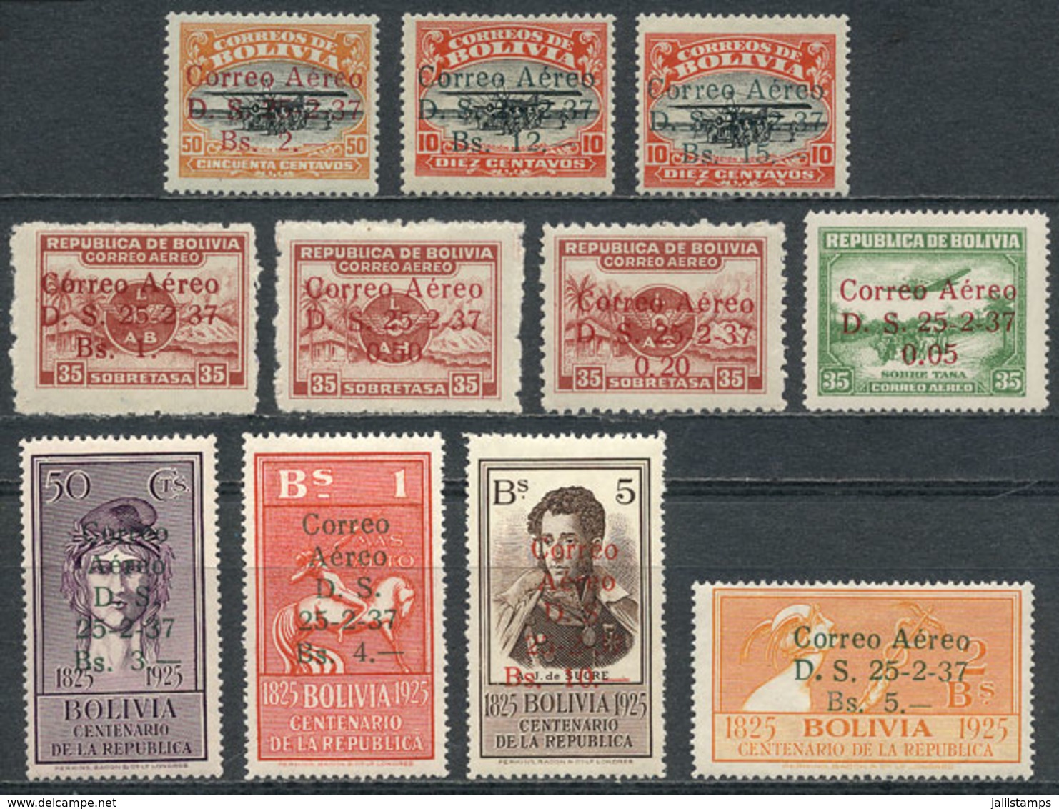 446 BOLIVIA: Sc.C52/C62, 1937 Cmpl. Set Of 11 Overprinted Values, Mint Very Lightly Hinged, Excellent Quality, Catalog V - Bolivië