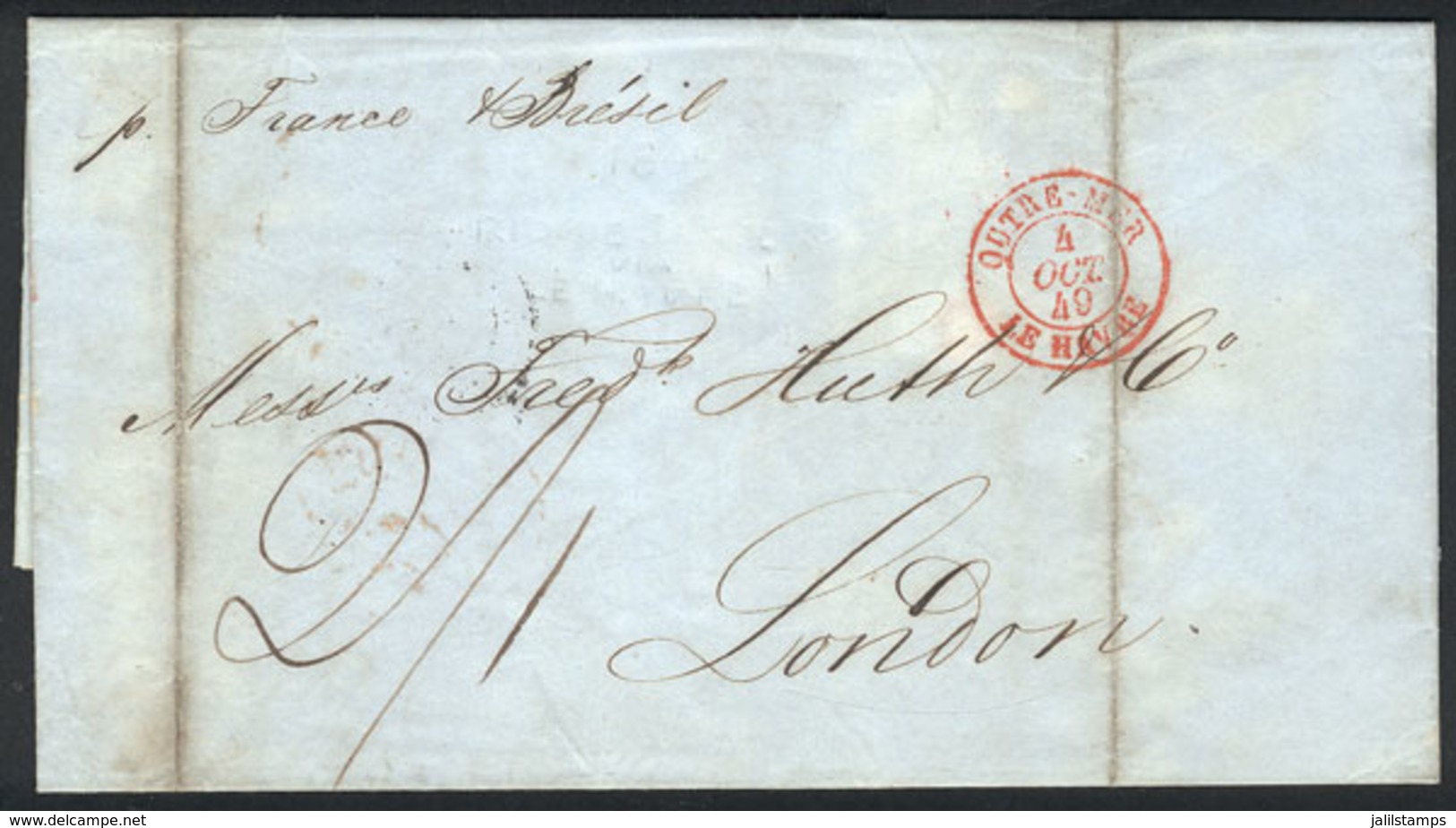 454 BRAZIL: Entire Letter Sent From Rio De Janeiro To London On 14/AU/1849 By French Mail, With Transit Mark Of Le Havre - Andere & Zonder Classificatie