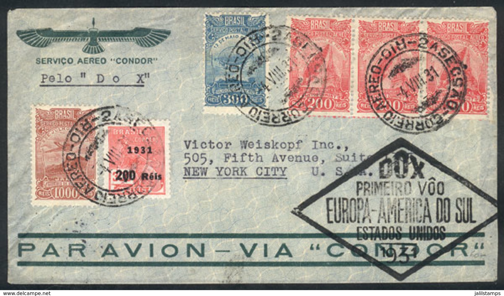 460 BRAZIL: 4/AU/1931 Rio De Janeiro - New York: Cover Carried On The First Flight Of Dornier DO-X, Arrival Backstamp Of - Autres & Non Classés