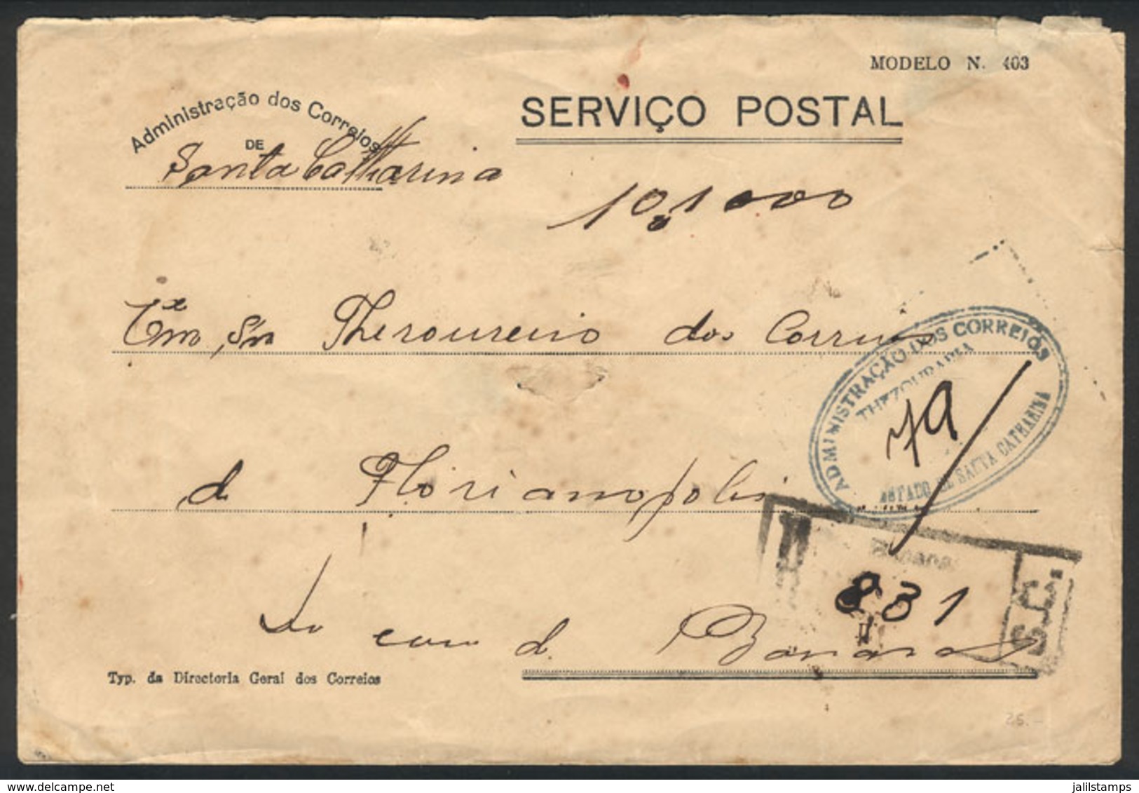 462 BRAZIL: Official Cover Posted By Registered Mail On 3/JA/1932, Stampless, From Santa Catharina To Florianopolis, Ver - Andere & Zonder Classificatie