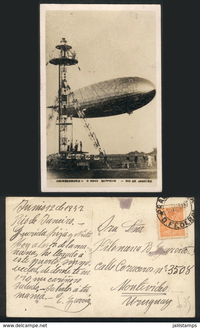 465 BRAZIL: Postcard With Nice View Of The ZEPPELIN, Sent To Uruguay On 15/JUN/1937, VF Quality! - Andere & Zonder Classificatie