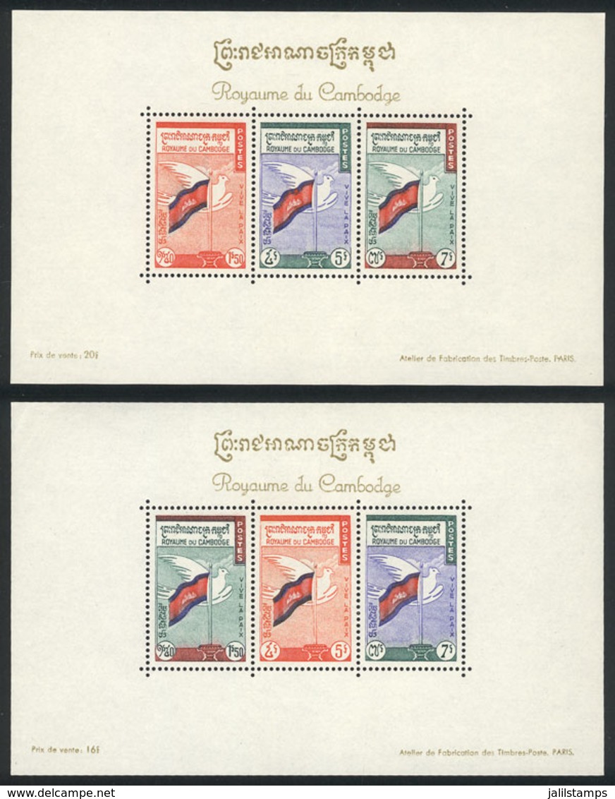 471 CAMBODIA: Sc.90a + 90b, 1960 Flags And Peace Pigeon, Set Of 2 Souvenir Sheets, MNH, VF Quality! - Cambodia