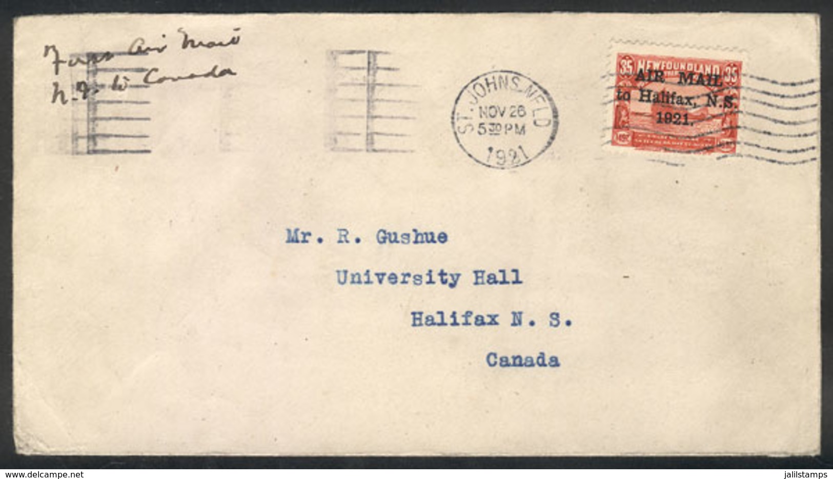 476 CANADA - NEWFOUNDLAND: 26/NO/1921 St. John's - Halifax: First Airmail, With Arrival Backstamp Of 4/FE/1922, VF Quali - 1908-1947