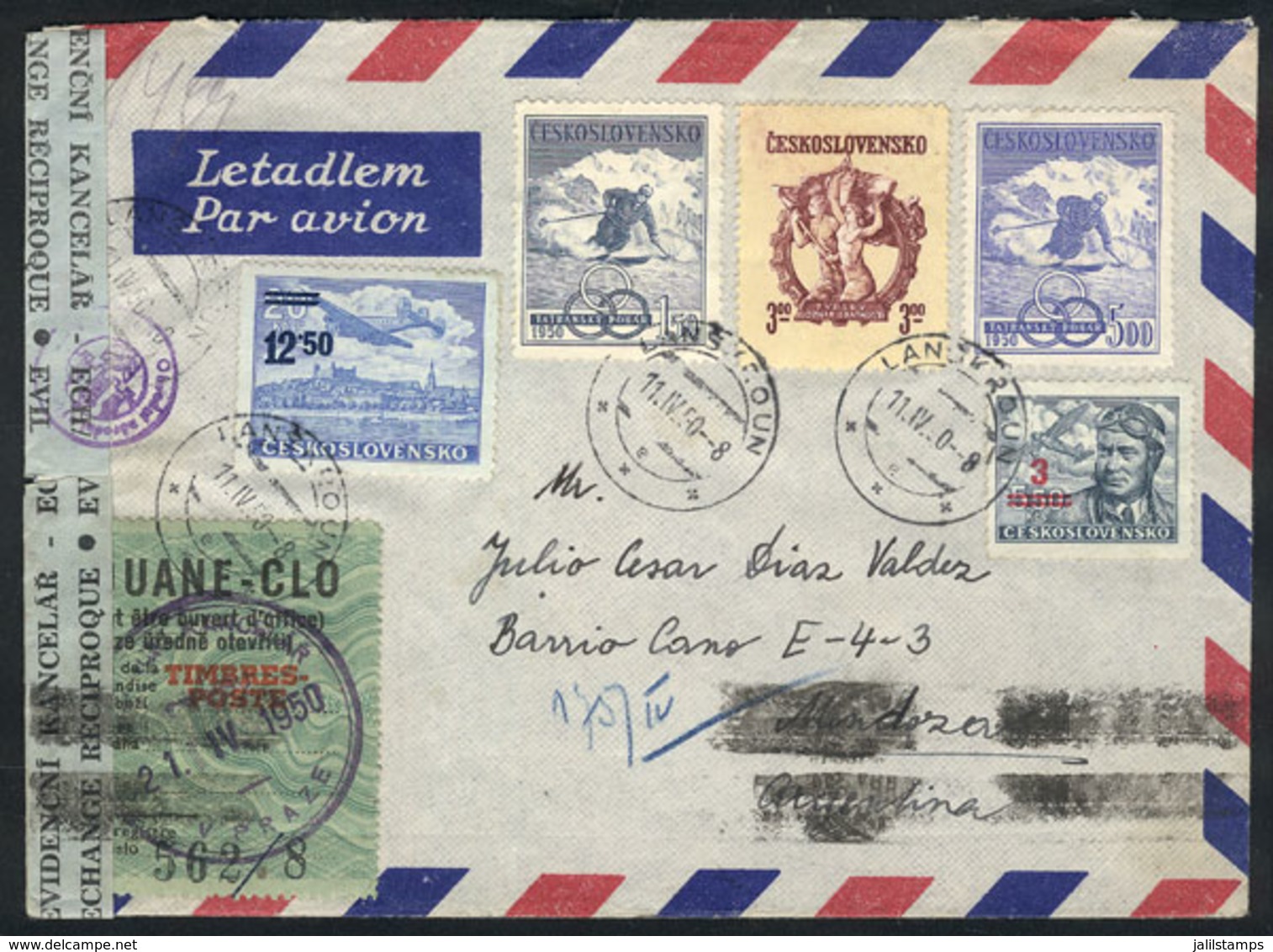 480 CZECHOSLOVAKIA: Airmail Cover Sent From Lanskroun To Argentina On 11/AP/1950 With Handsome Postage And CENSOR Label  - Andere & Zonder Classificatie