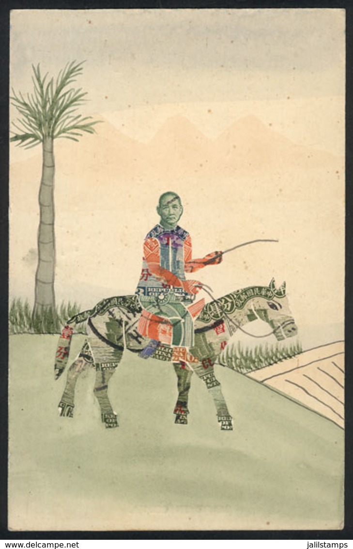 511 CHINA: Old Postcard With View Of Sun Yat-sen On Horse, Made With Small Fragments Of Used Stamps Glued To A Hand-pain - China