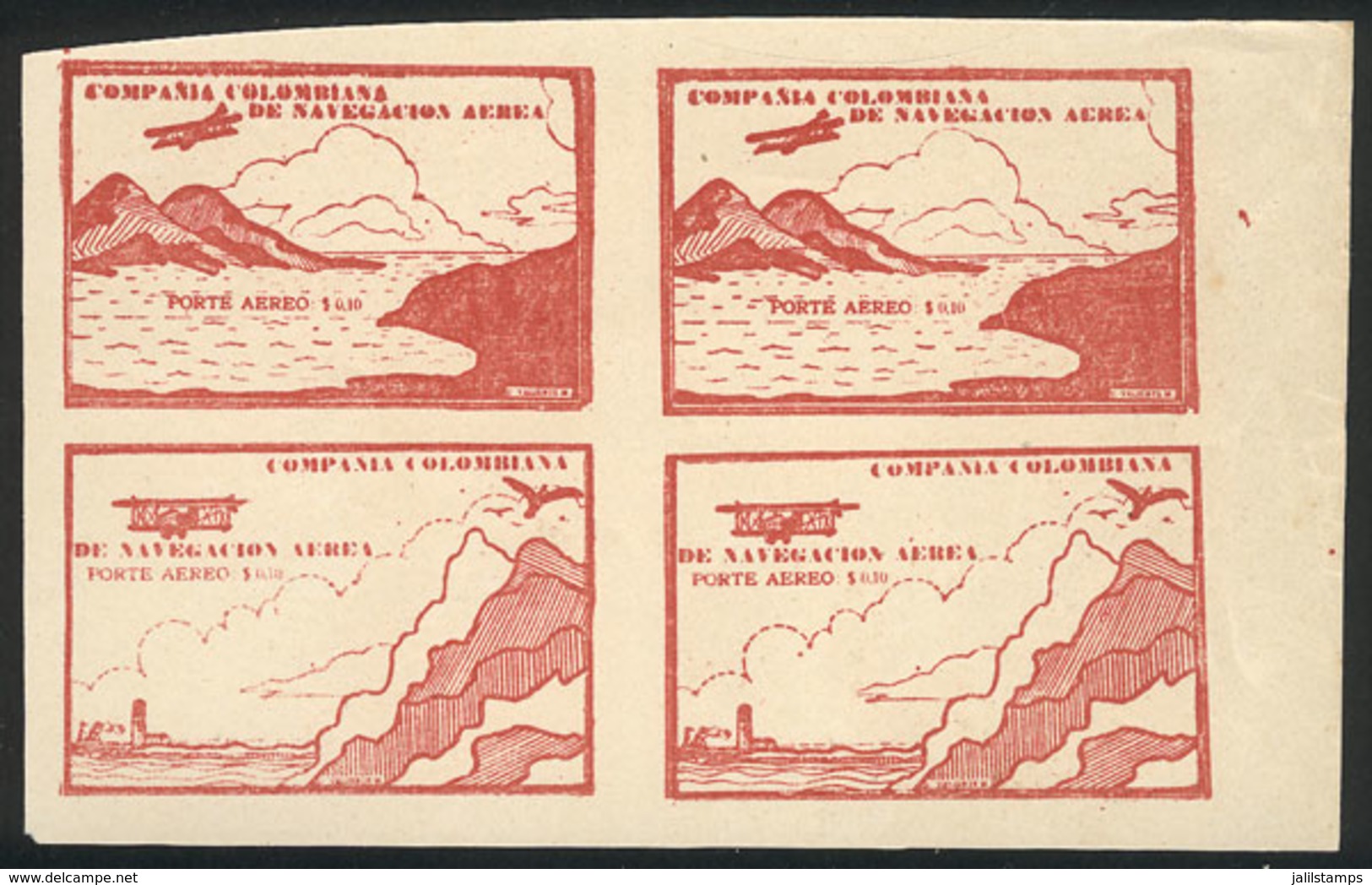 518 COLOMBIA: Yvert 11, 10c. Carminish Red (airplane And Mountains), Block Of 4 Of The 2 Different Cinderellas, Mint No  - Colombia