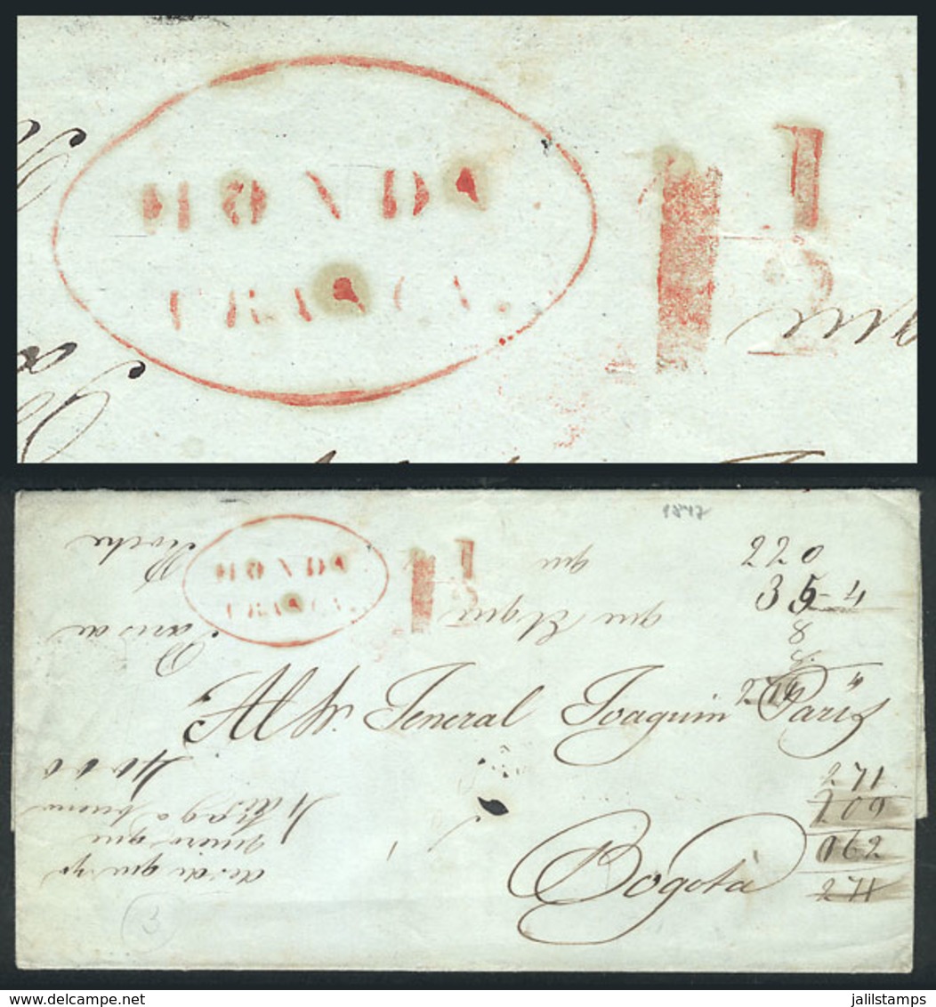 519 COLOMBIA: "20/NO/1847 HONDA To Bogotá: Entire Letter With Ellipse HONDA-FRANCA Mark In Red + ""1½"" (rating), Very F - Colombia