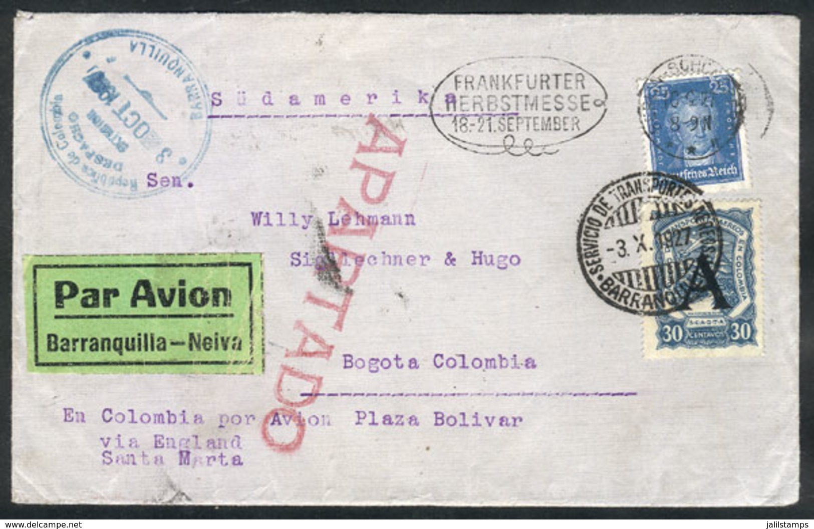 522 COLOMBIA: "Cover Sent From Germany To Bogotá On 10/SE/1927, With Mixed Postage Of Germany + SCADTA Airline Of 30c. W - Colombia