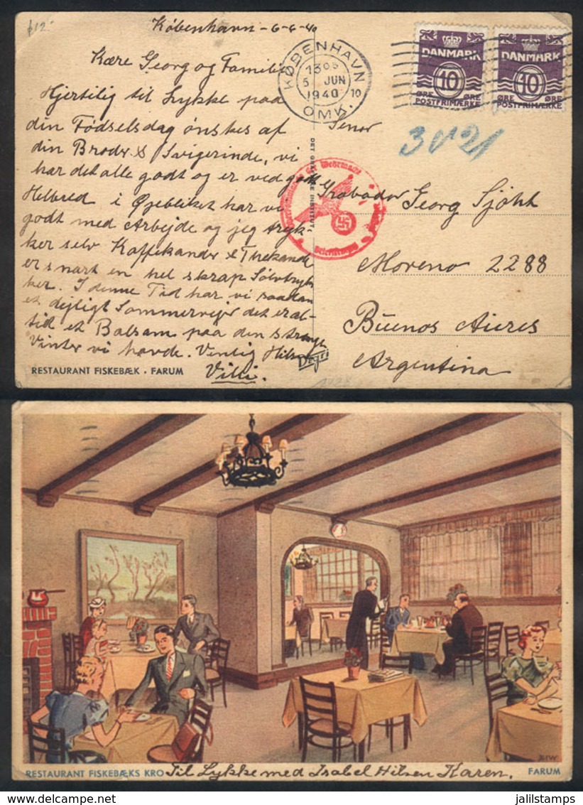 539 DENMARK: Postcard With View Of Restaurant Fiskebaek In Farum, Sent To Argentina On 5/JUN/1940, With Nazi Censor Mark - Otros & Sin Clasificación