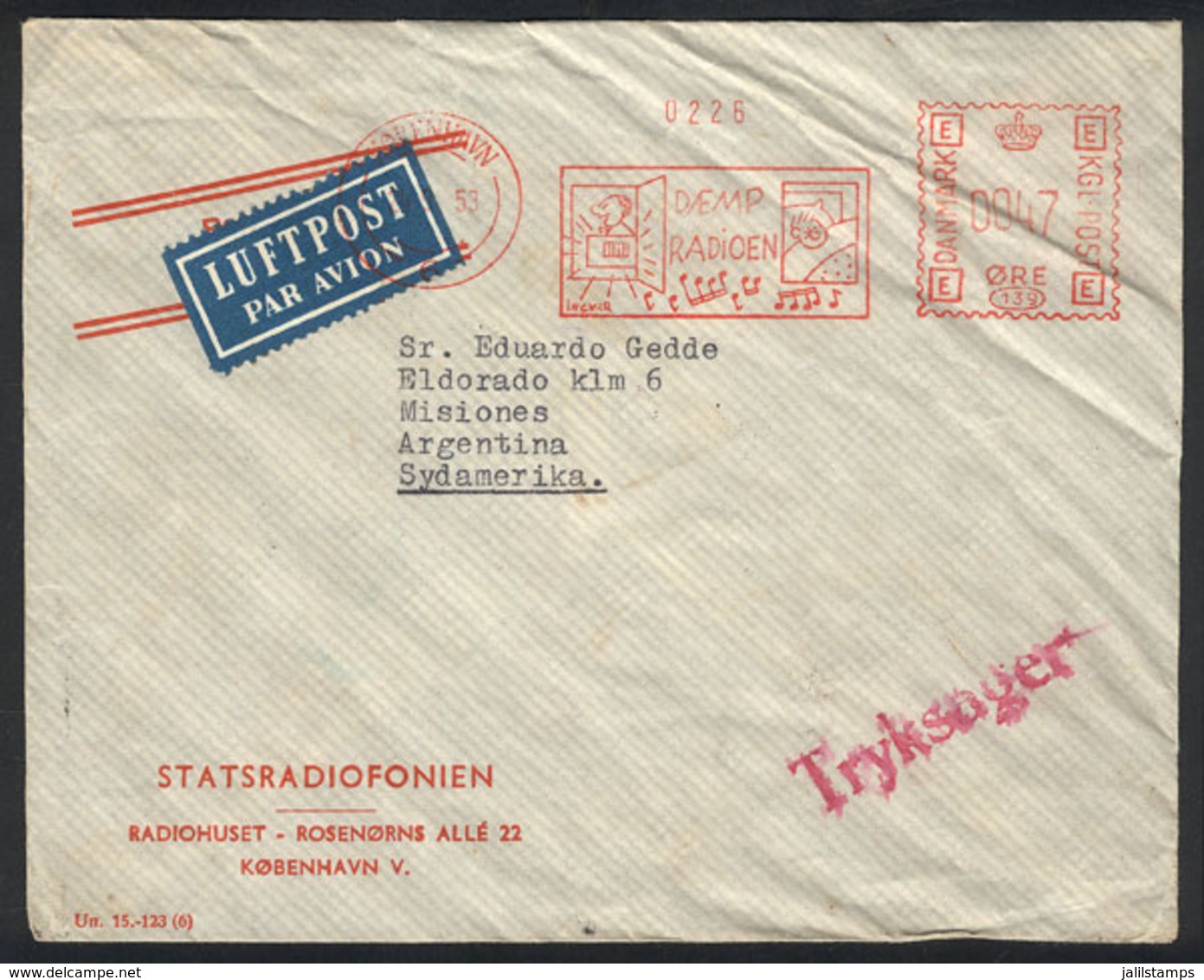 540 DENMARK: Airmail Cover Sent From Kobenhavn To Argentina On 24/SE/1953, With Nice Meter Postage Of 47o., Very Attract - Other & Unclassified