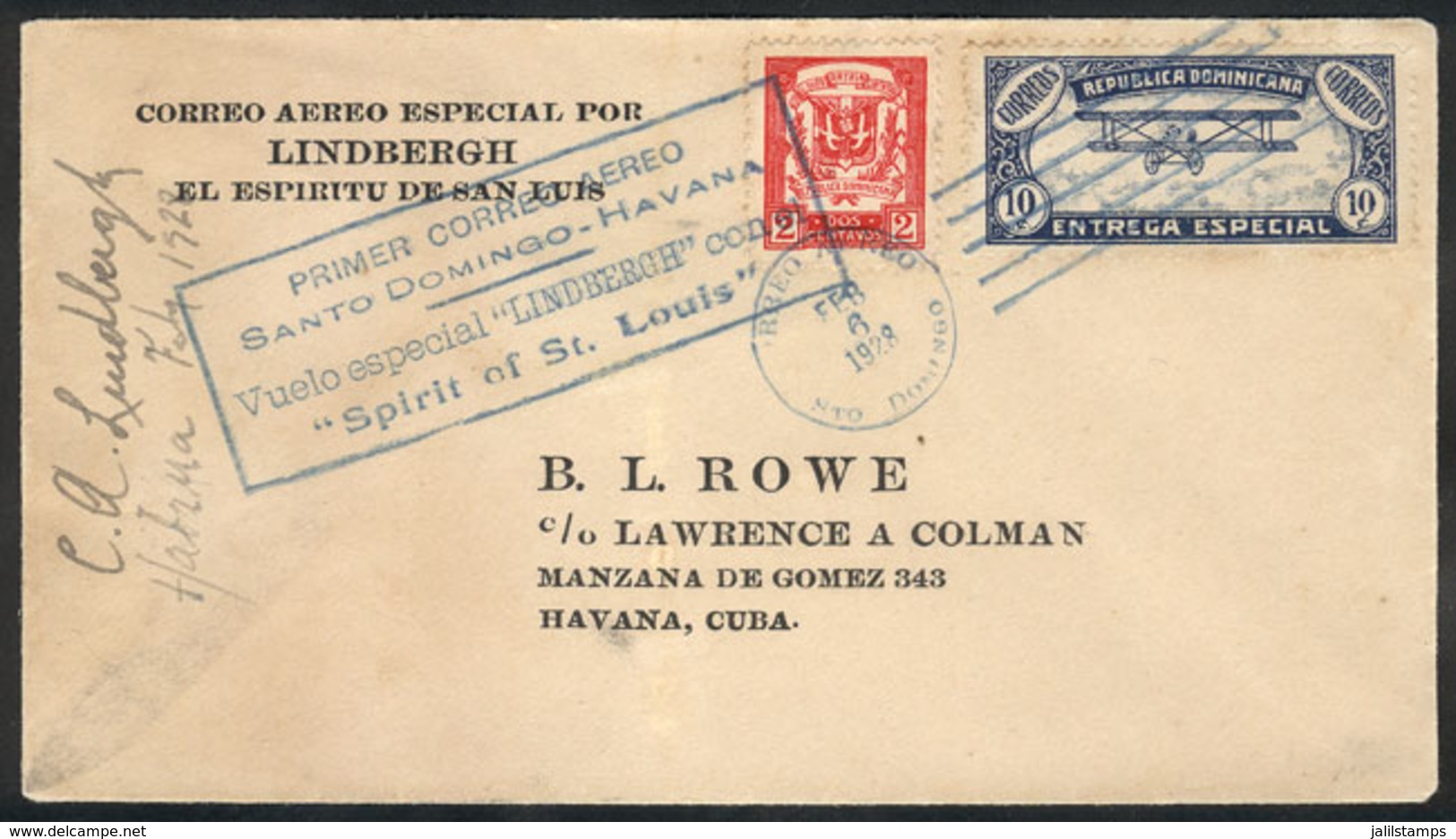 541 DOMINICAN REPUBLIC: 6/FE/1928 First Airmail Santo Domingo - Havana, Cover Signed By The Pilot Lindbergh, Excellent Q - Dominikanische Rep.