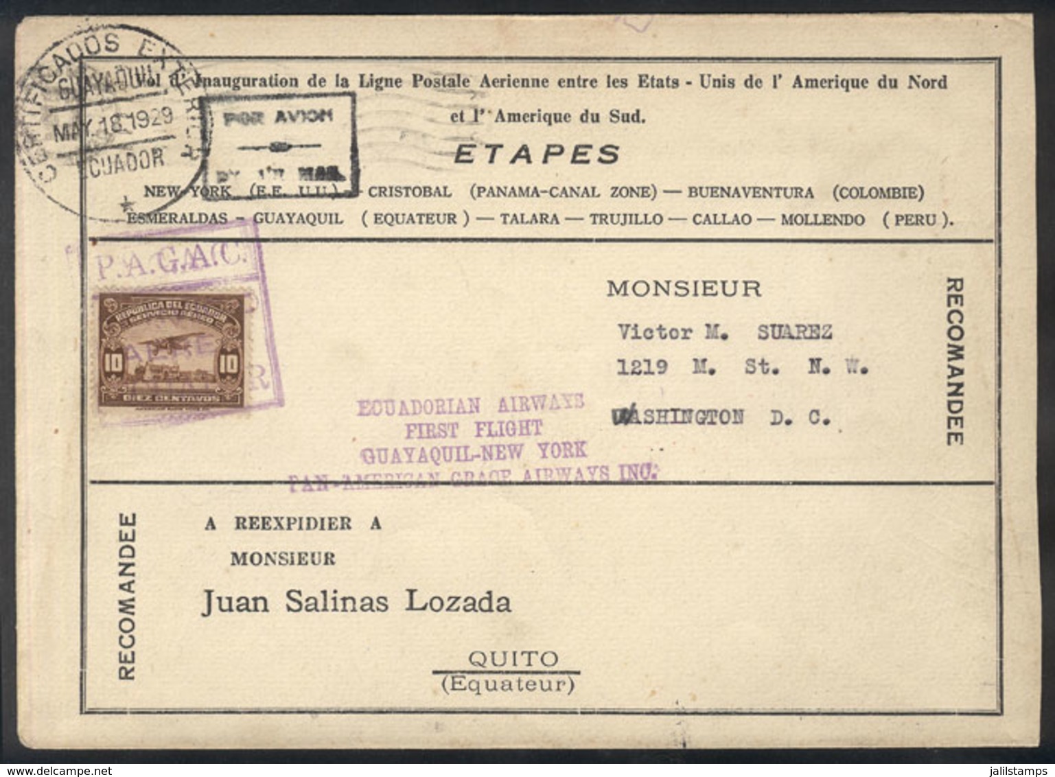 543 ECUADOR: 18/MAY/1929 Guayaquil - Cristobal, First Flight Of P.A.G.A.C., Cover Of VF Quality! - Equateur