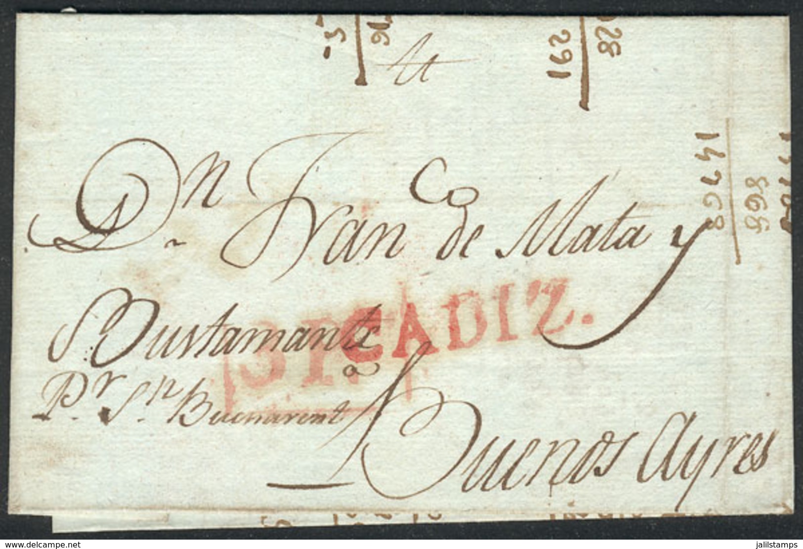 554 SPAIN: "Circa 1780: Undated Folded Cover Sent To Buenos Aires, With Red ""CADIZ"" And ""3 P."" Markings, Very Nice!" - Andere & Zonder Classificatie