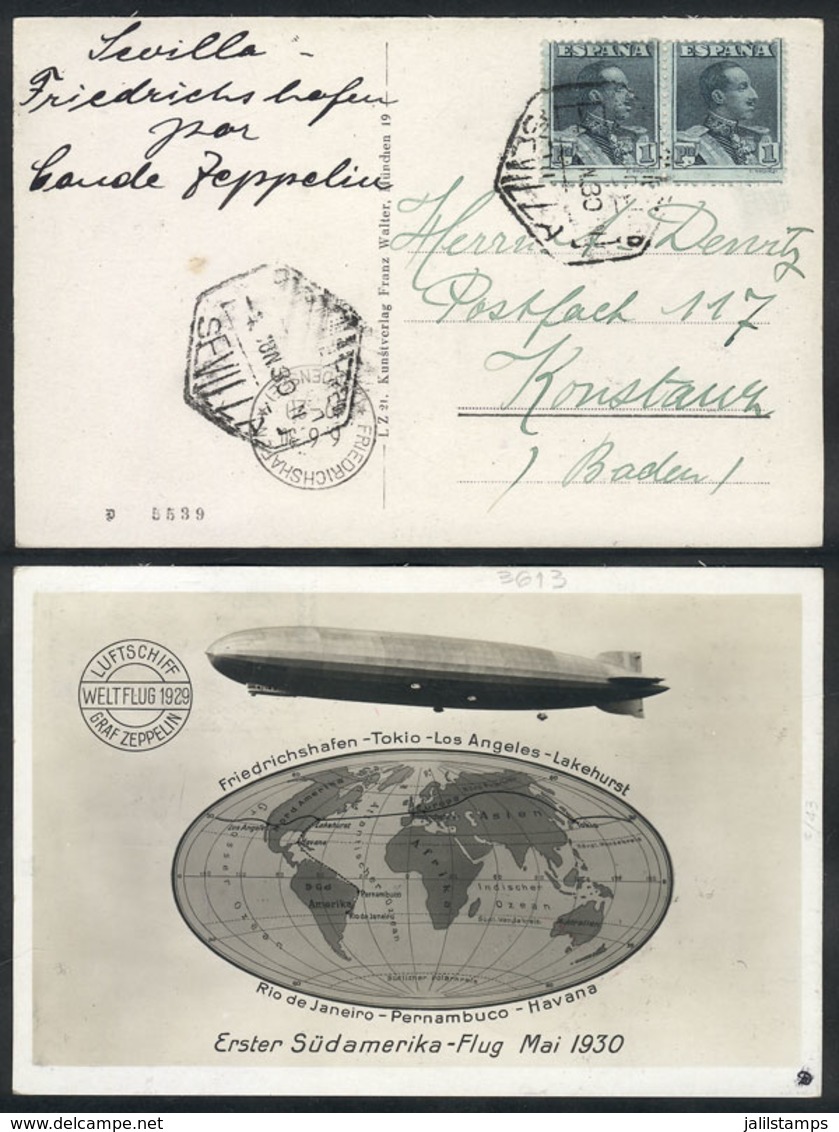 557 SPAIN: Postcard Illustrated With View Of Zeppelin And Map Of Routes, Flown By Zeppelin From Sevilla To Germany On 4/ - Autres & Non Classés