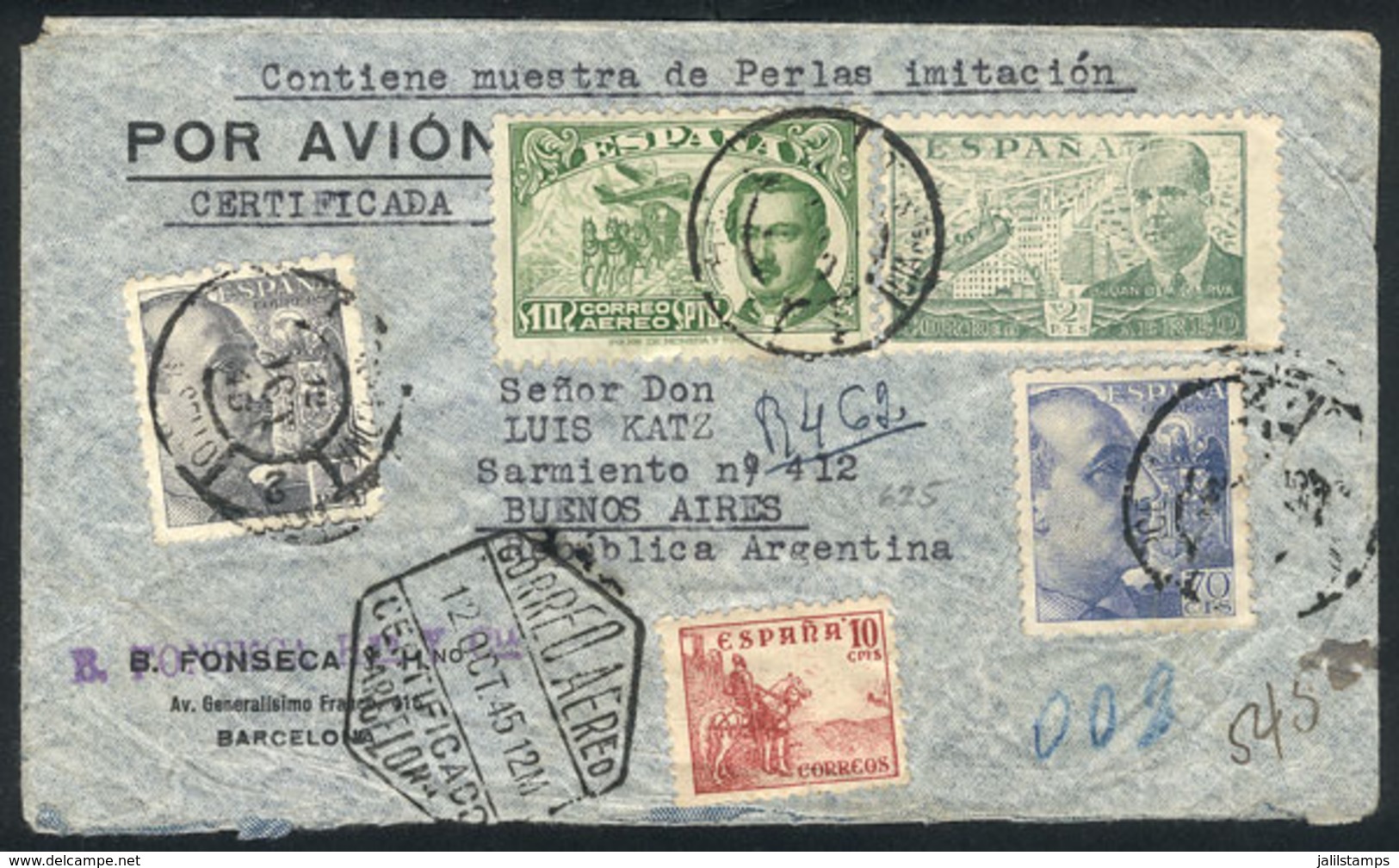 562 SPAIN: Airmail Cover (it Contained A Sample Of Imitation Pearls!) Sent From Barcelona To Argentina On 12/OC/1945, In - Autres & Non Classés