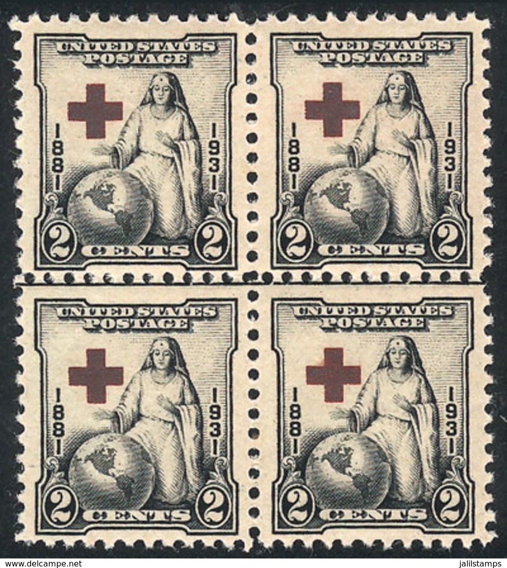 574 UNITED STATES: Sc.702, 1931 Red Cross, Block Of 4 With VARIETIES: Cross In Black-carmine Instead Of Red, Also With A - Other & Unclassified