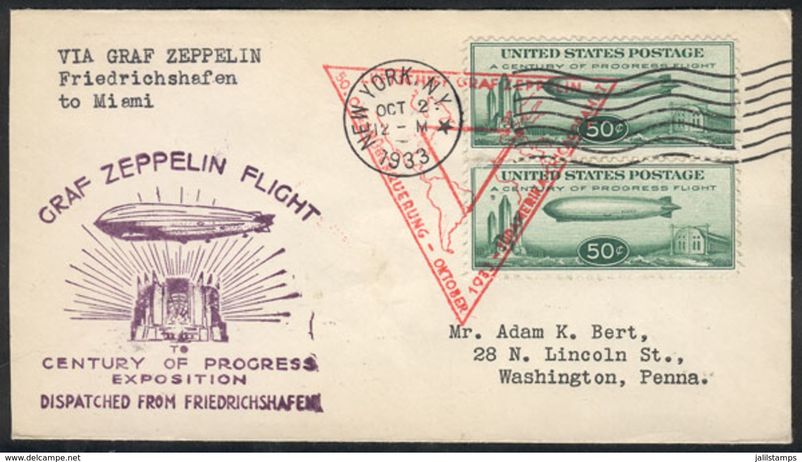 582 UNITED STATES: 2/OC/1933 New York - Friedrichshafen - Miami, Cover Flown By Zeppelin, Excellent Quality! - Marcophilie