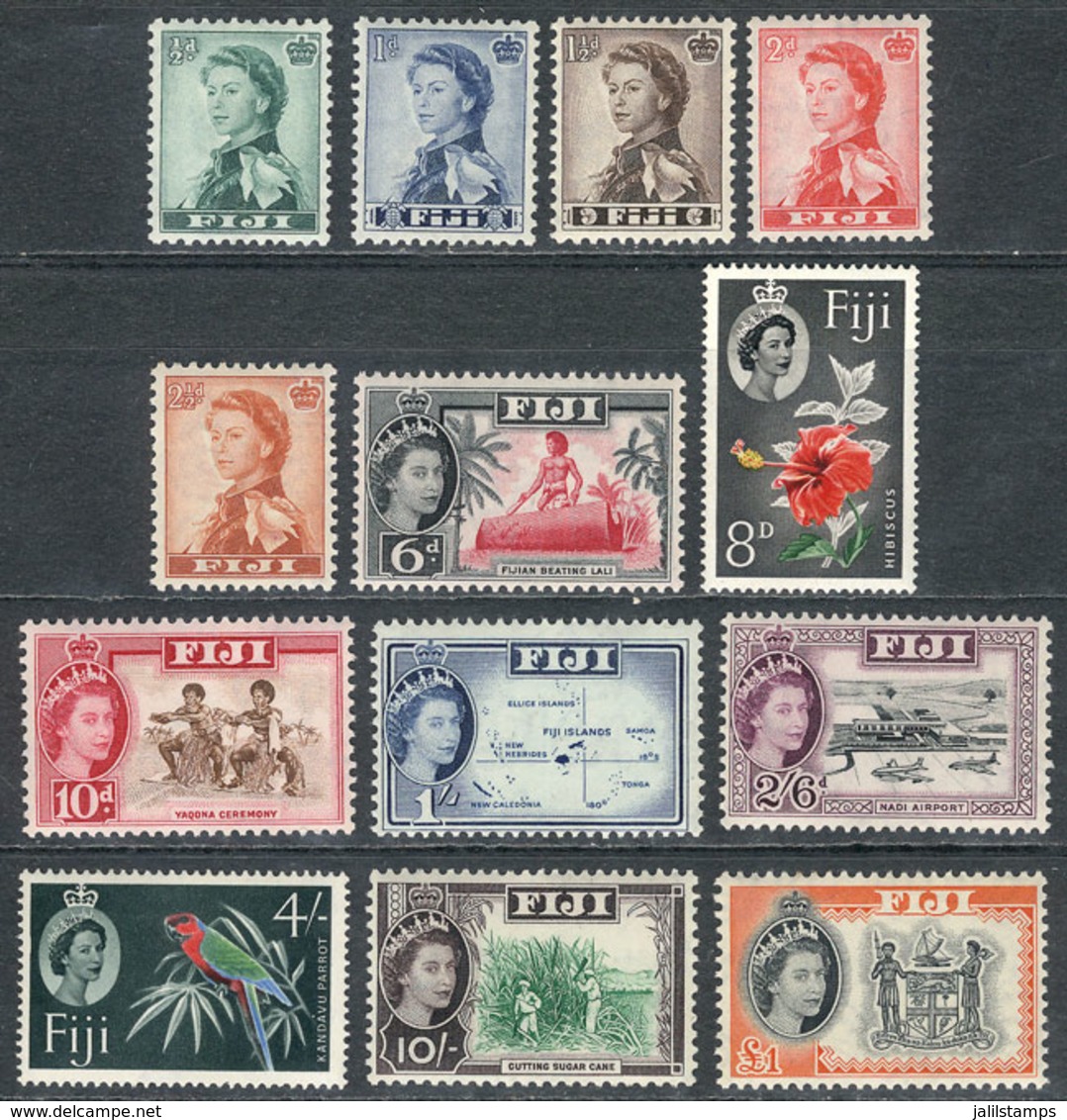 593 FIJI: Sc.163/175, 1959/63 Flowers, Birds, Complete Set Of 13 Values, Mint Very Lightly Hinged (appear MNH), Very Fin - Fiji (1970-...)