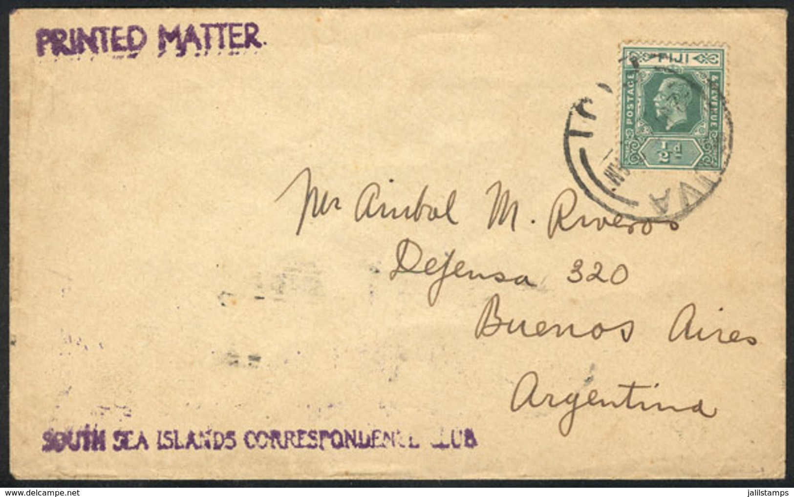 594 FIJI: 2/JUL/1929 SUVA - Argentina: Cover With Printed Matter, Franked With ½p., With Buenos Aires Arrival Backstamp  - Fiji (1970-...)