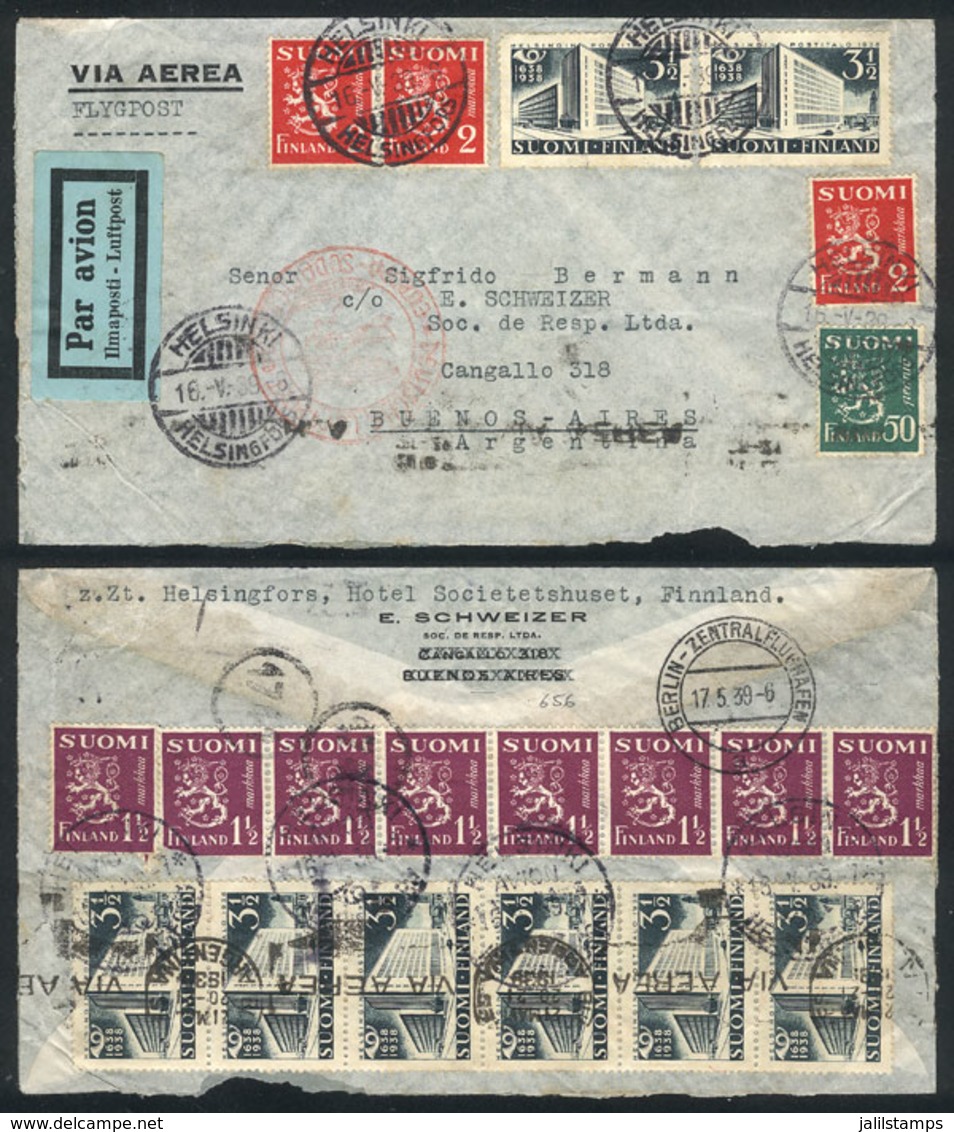 597 FINLAND: Airmail Cover Sent From Helsinki To Argentina On 16/MAY/1939 With Spectacular Postage On Front And Back (in - Andere & Zonder Classificatie